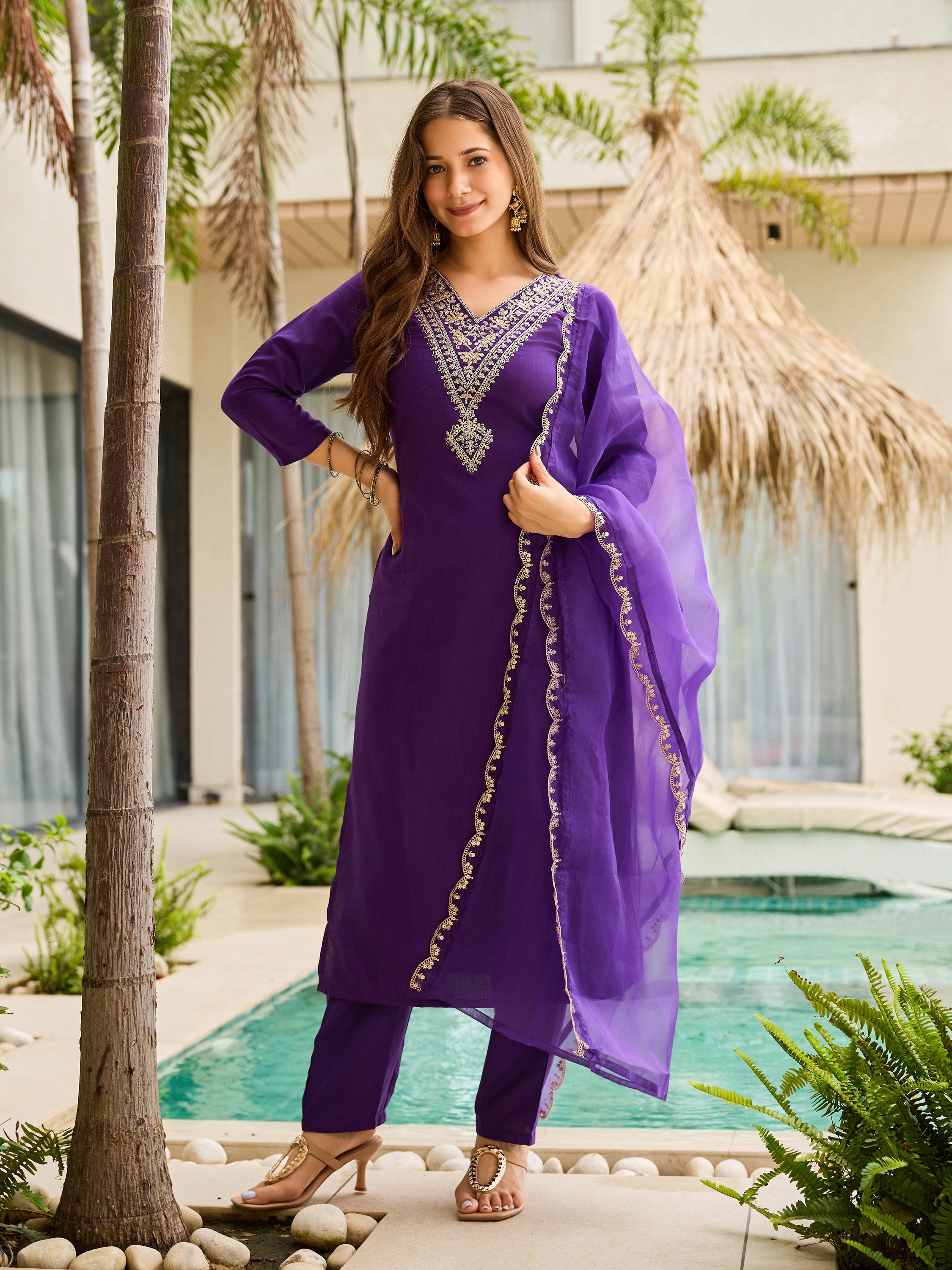 Elegant Purple Embroidered Rayon Slub Kurti Set with Organza Dupatta (3-Piece Set)