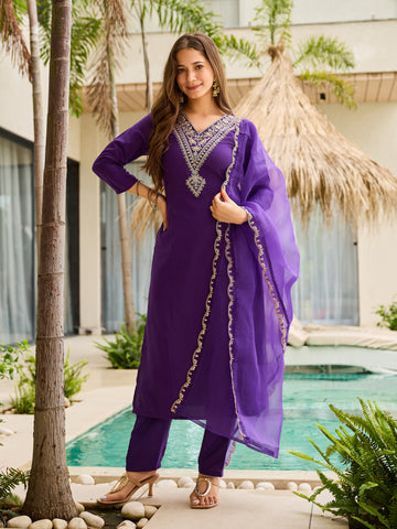 Elegant Purple Embroidered Rayon Slub Kurti Set with Organza Dupatta (3-Piece Set)