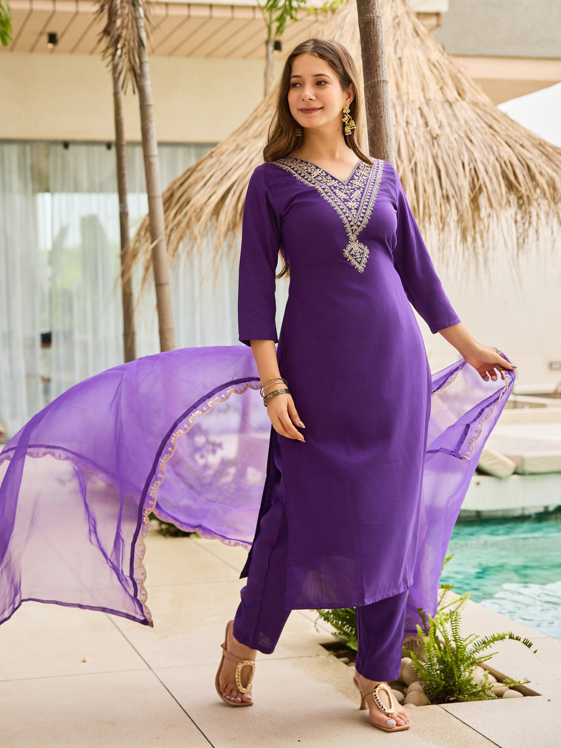 Elegant Purple Embroidered Rayon Slub Kurti Set with Organza Dupatta (3-Piece Set)