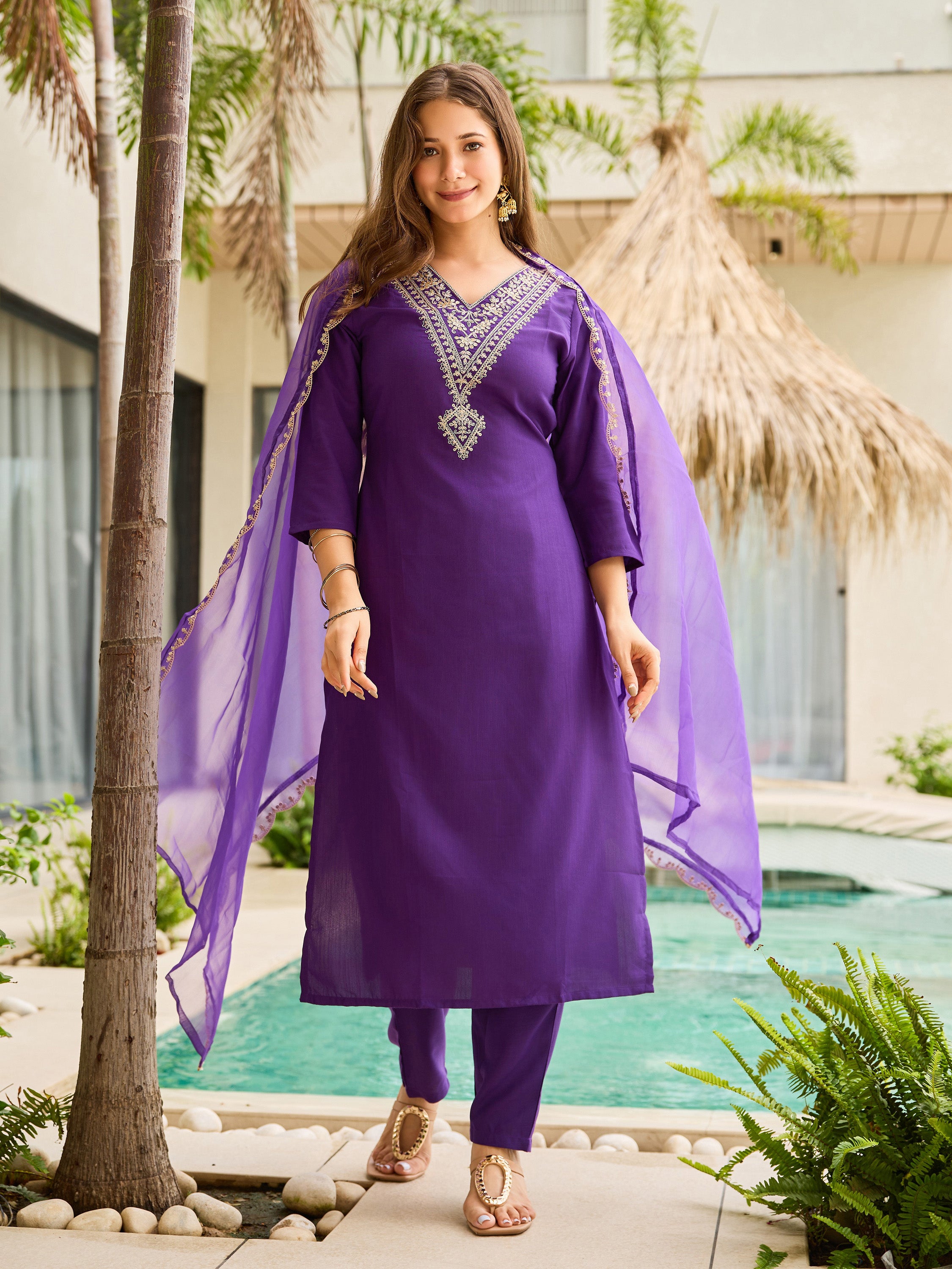 Elegant Purple Embroidered Rayon Slub Kurti Set with Organza Dupatta (3-Piece Set)