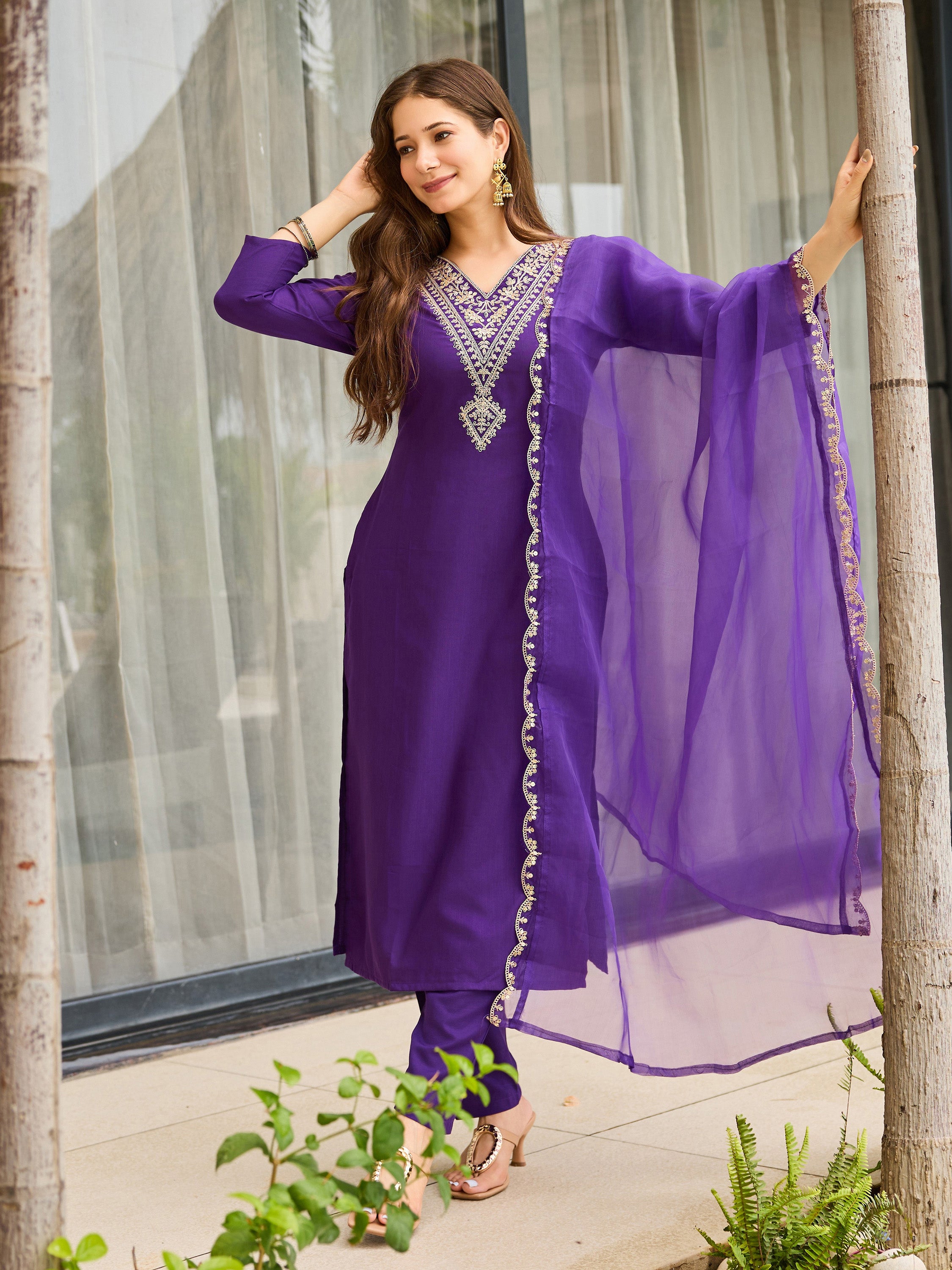 Elegant Purple Embroidered Rayon Slub Kurti Set with Organza Dupatta (3-Piece Set)