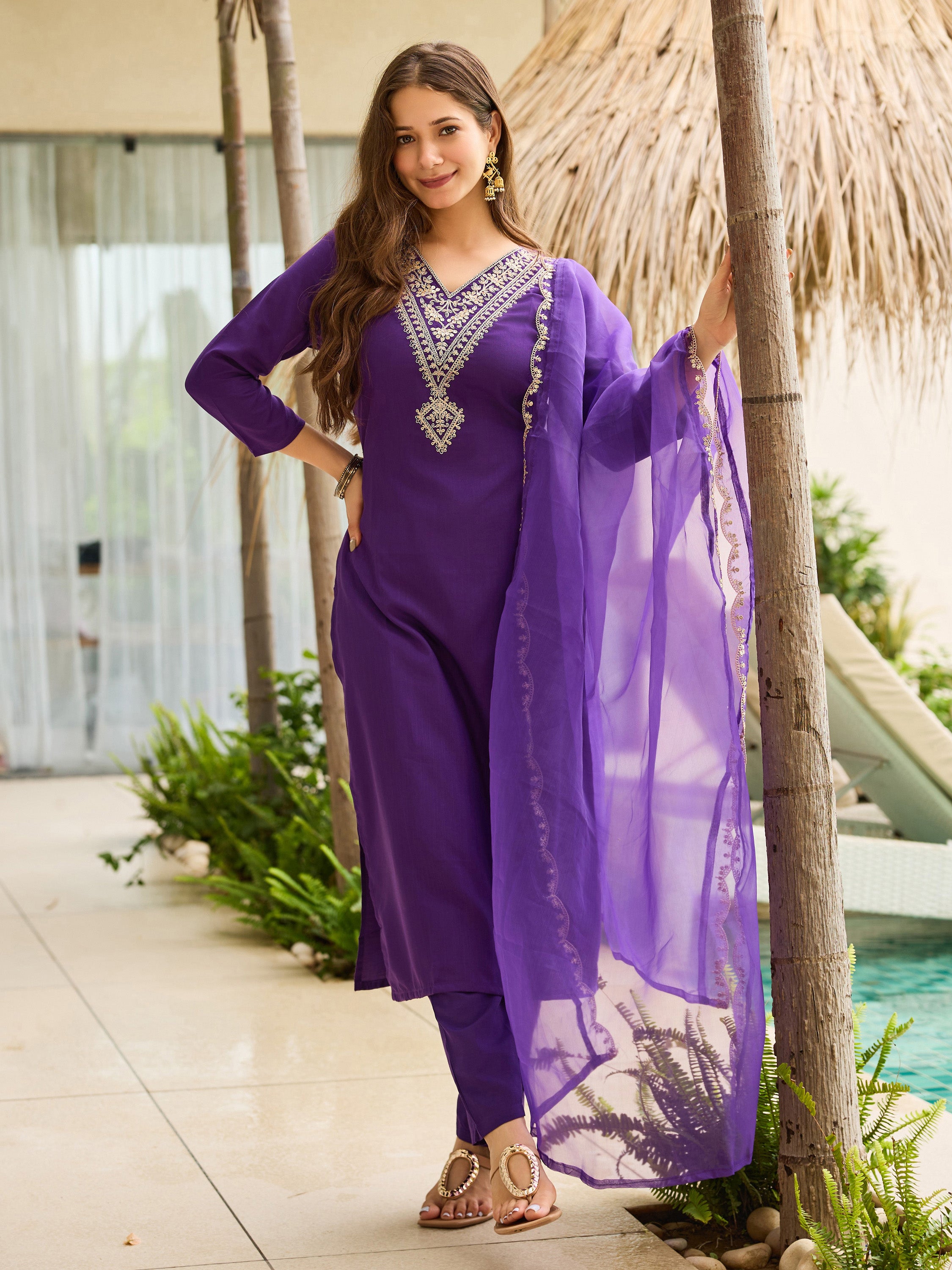 Elegant Purple Embroidered Rayon Slub Kurti Set with Organza Dupatta (3-Piece Set)