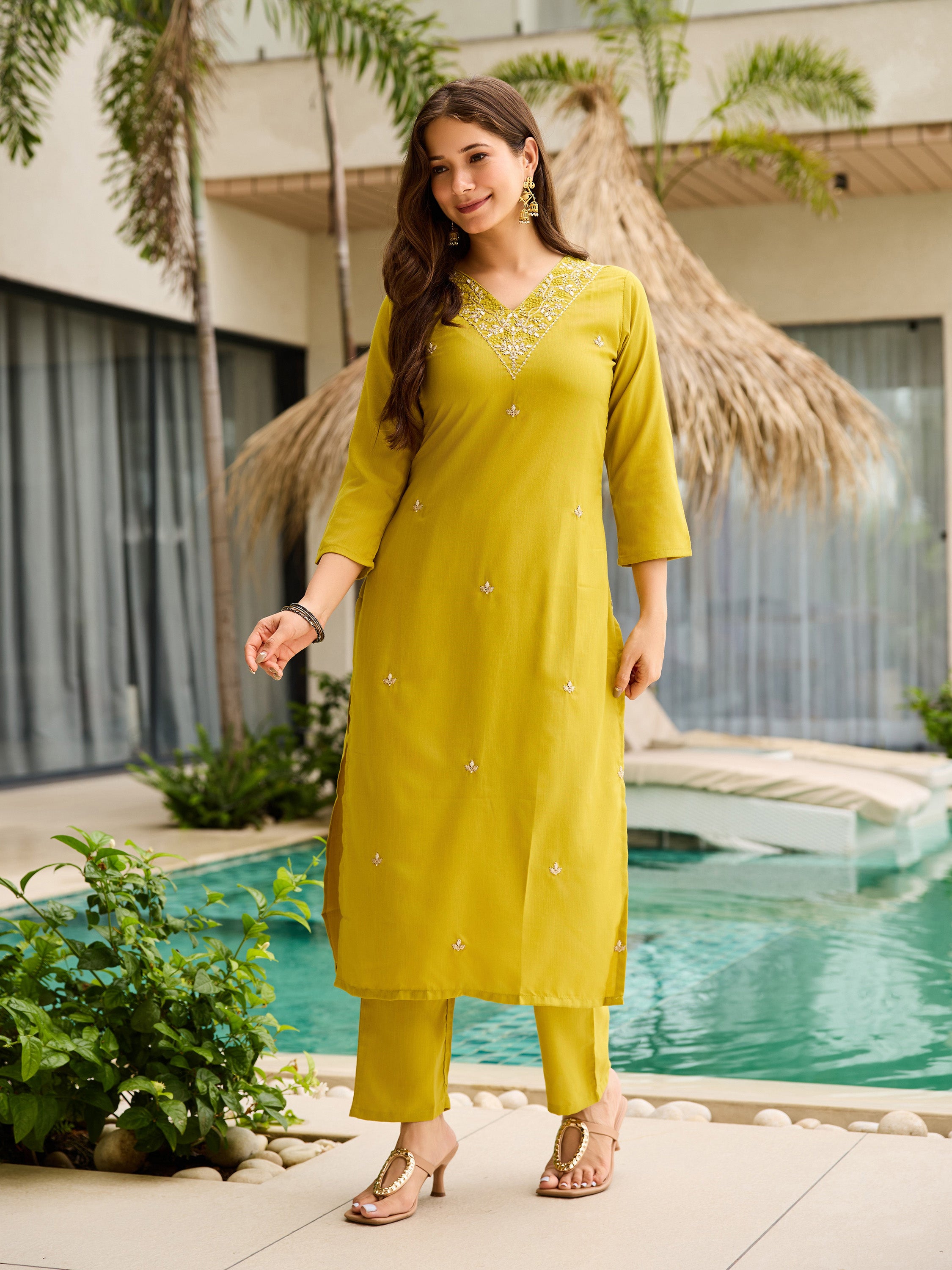 Elegant Mustard Yellow Embroidered Rayon Slub Kurti Set with Organza Dupatta (3-Piece Set)
