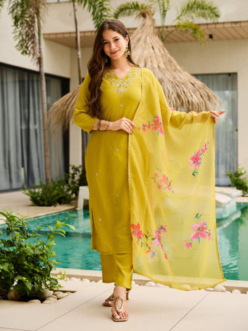 Elegant Mustard Yellow Embroidered Rayon Slub Kurti Set with Organza Dupatta (3-Piece Set)