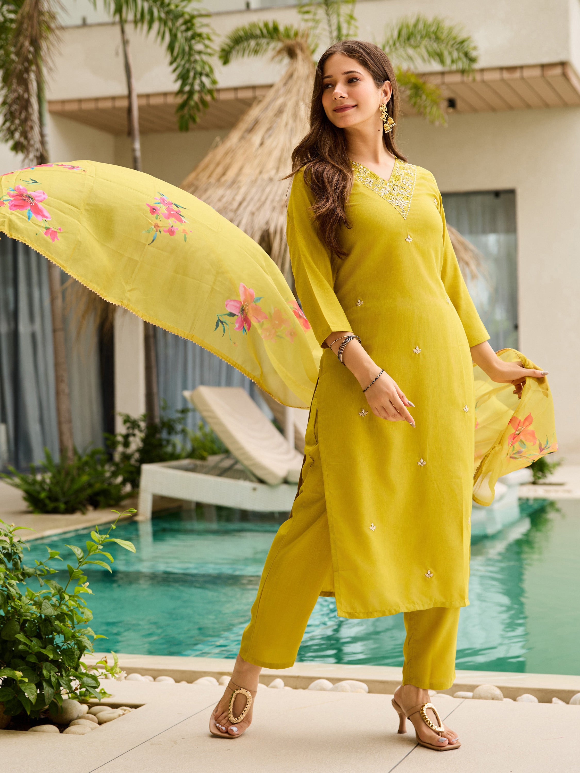 Elegant Mustard Yellow Embroidered Rayon Slub Kurti Set with Organza Dupatta (3-Piece Set)