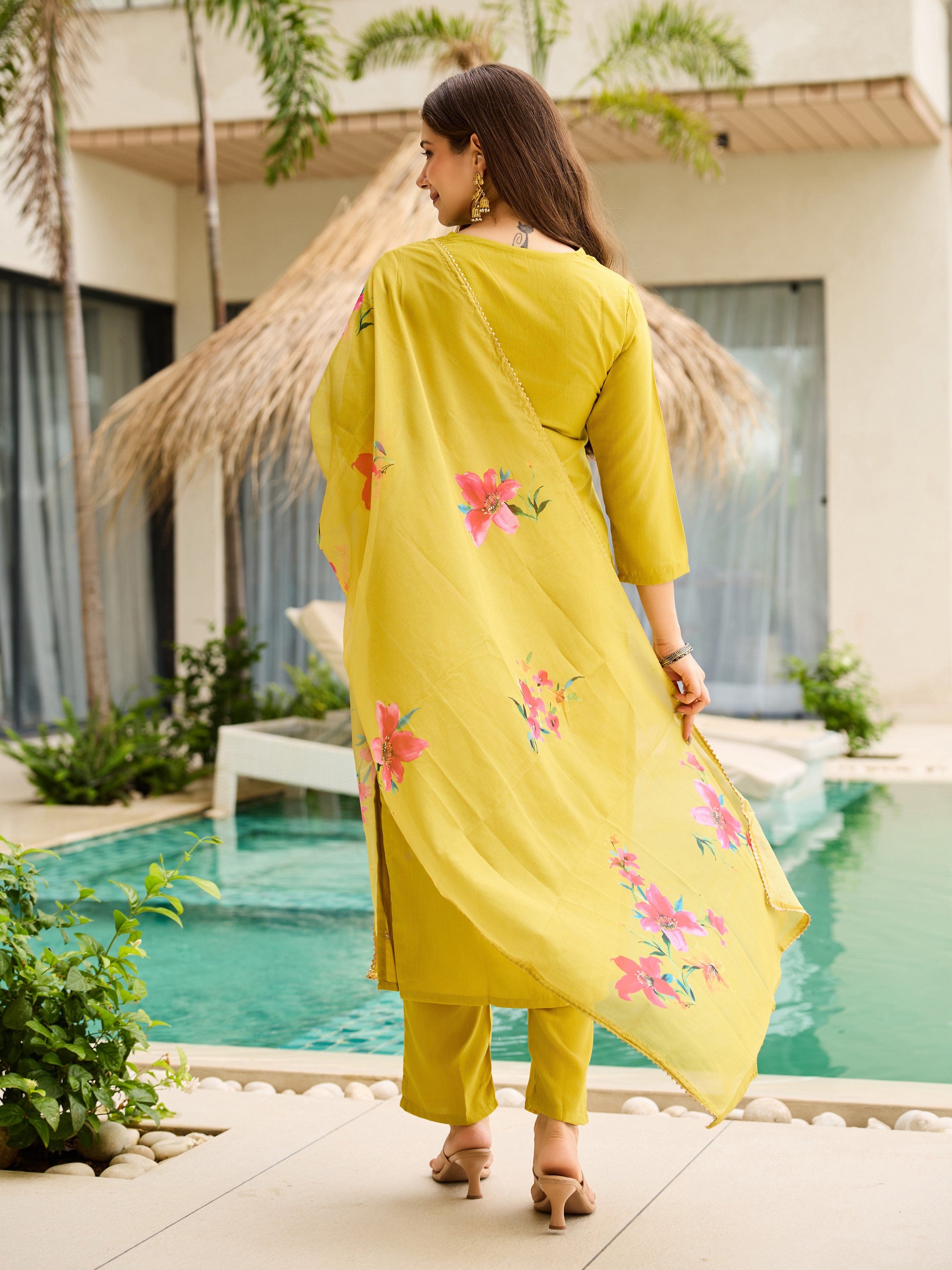 Elegant Mustard Yellow Embroidered Rayon Slub Kurti Set with Organza Dupatta (3-Piece Set)