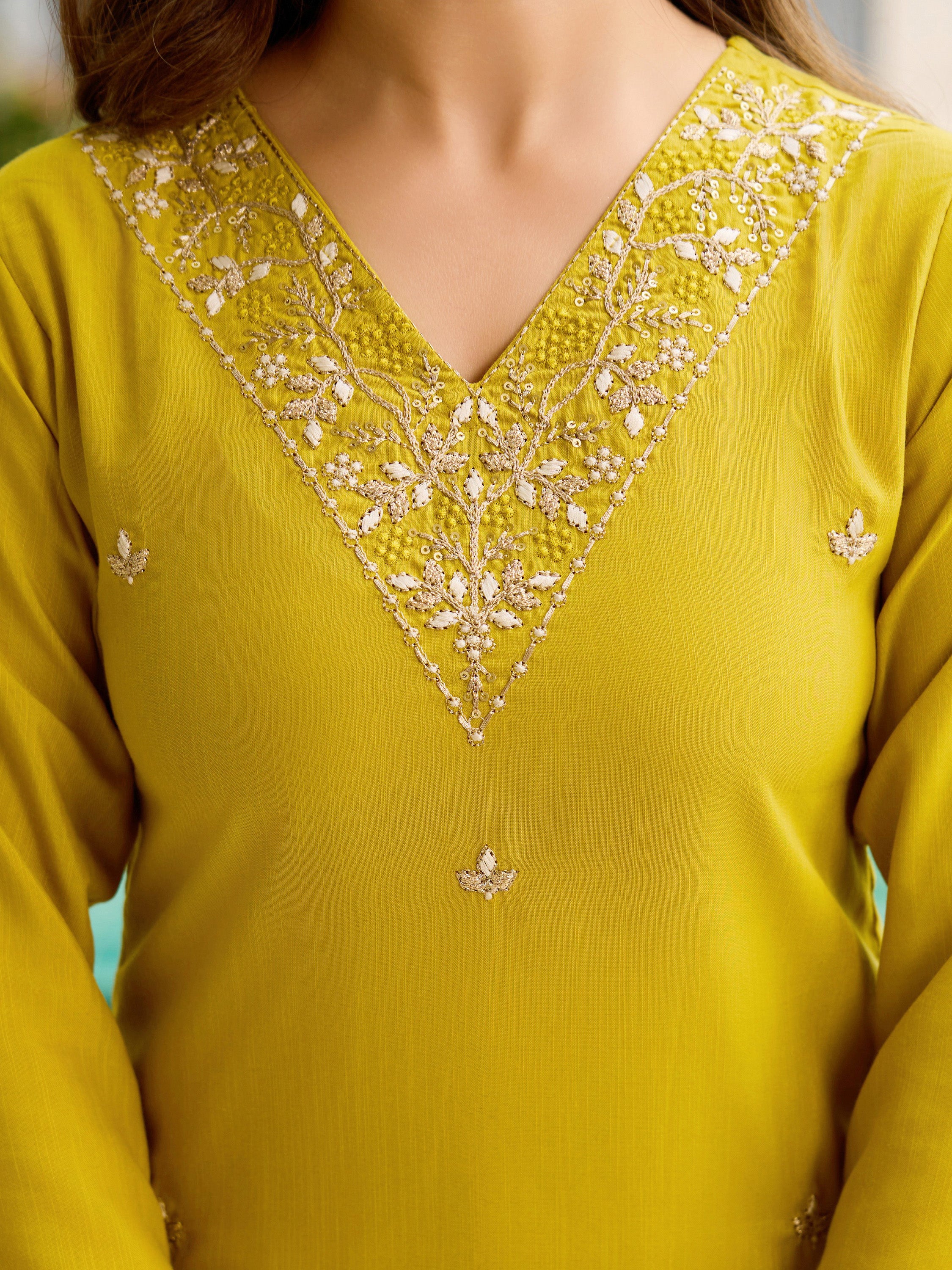 Elegant Mustard Yellow Embroidered Rayon Slub Kurti Set with Organza Dupatta (3-Piece Set)