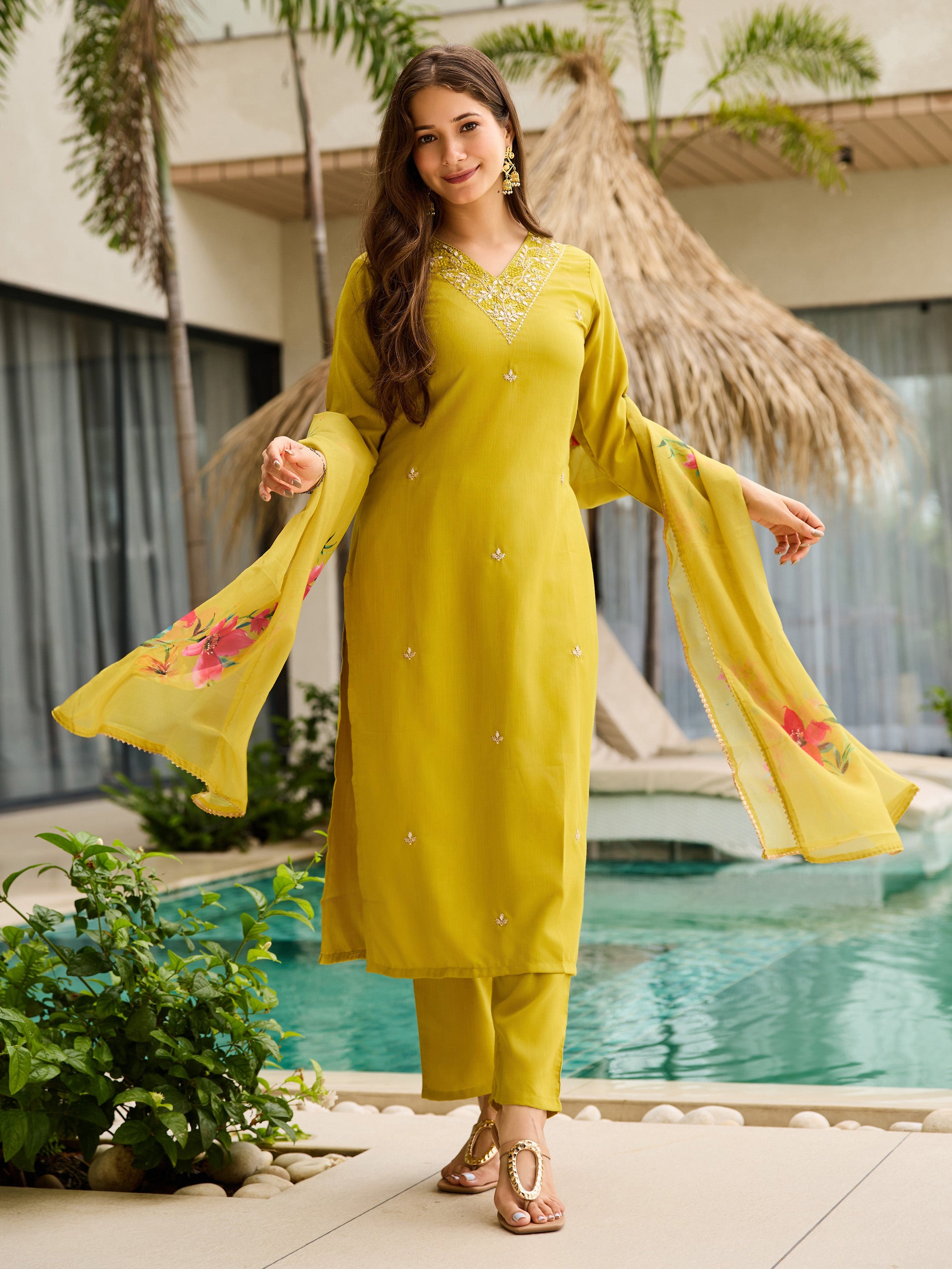 Elegant Mustard Yellow Embroidered Rayon Slub Kurti Set with Organza Dupatta (3-Piece Set)