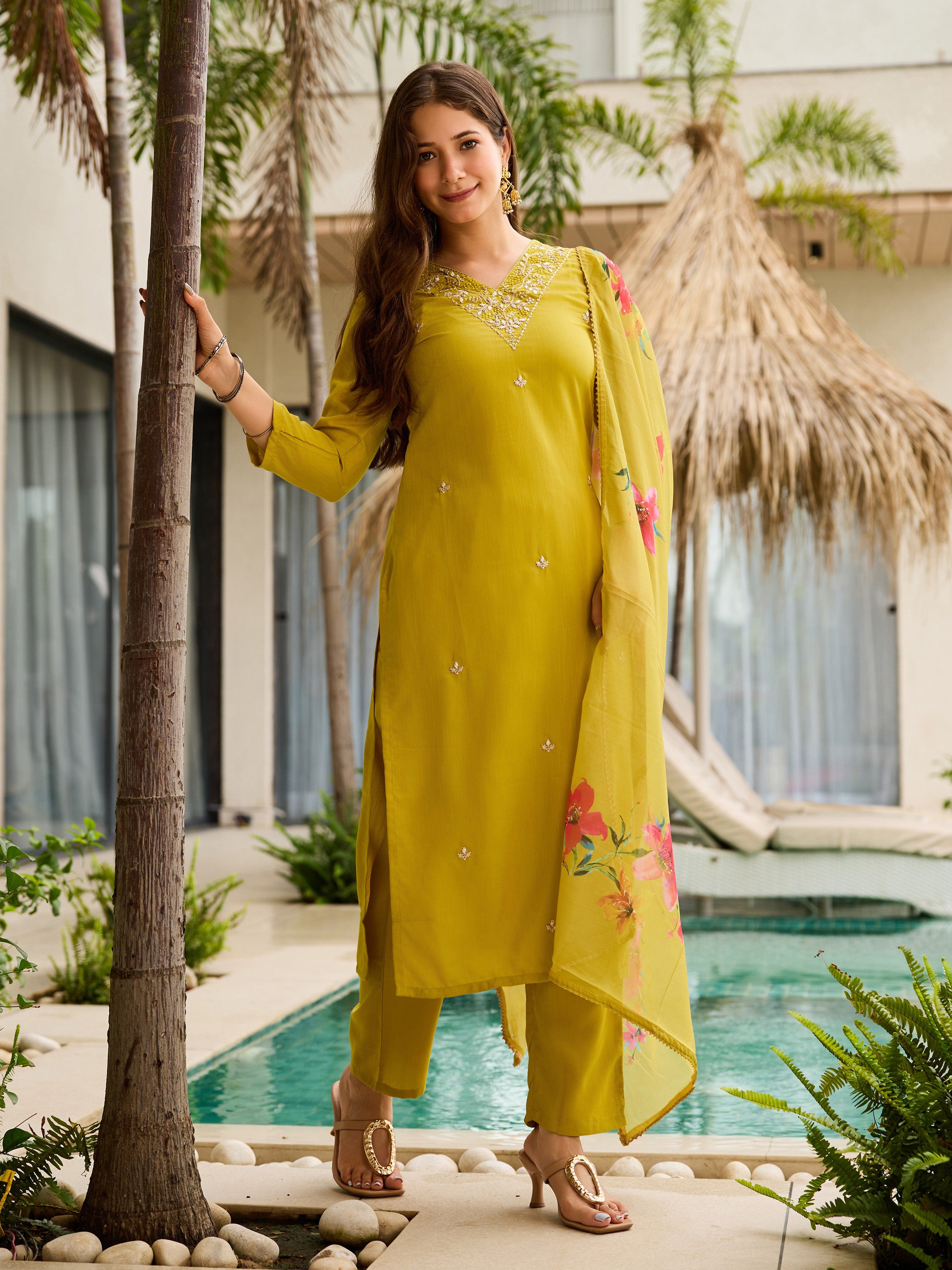 Elegant Mustard Yellow Embroidered Rayon Slub Kurti Set with Organza Dupatta (3-Piece Set)