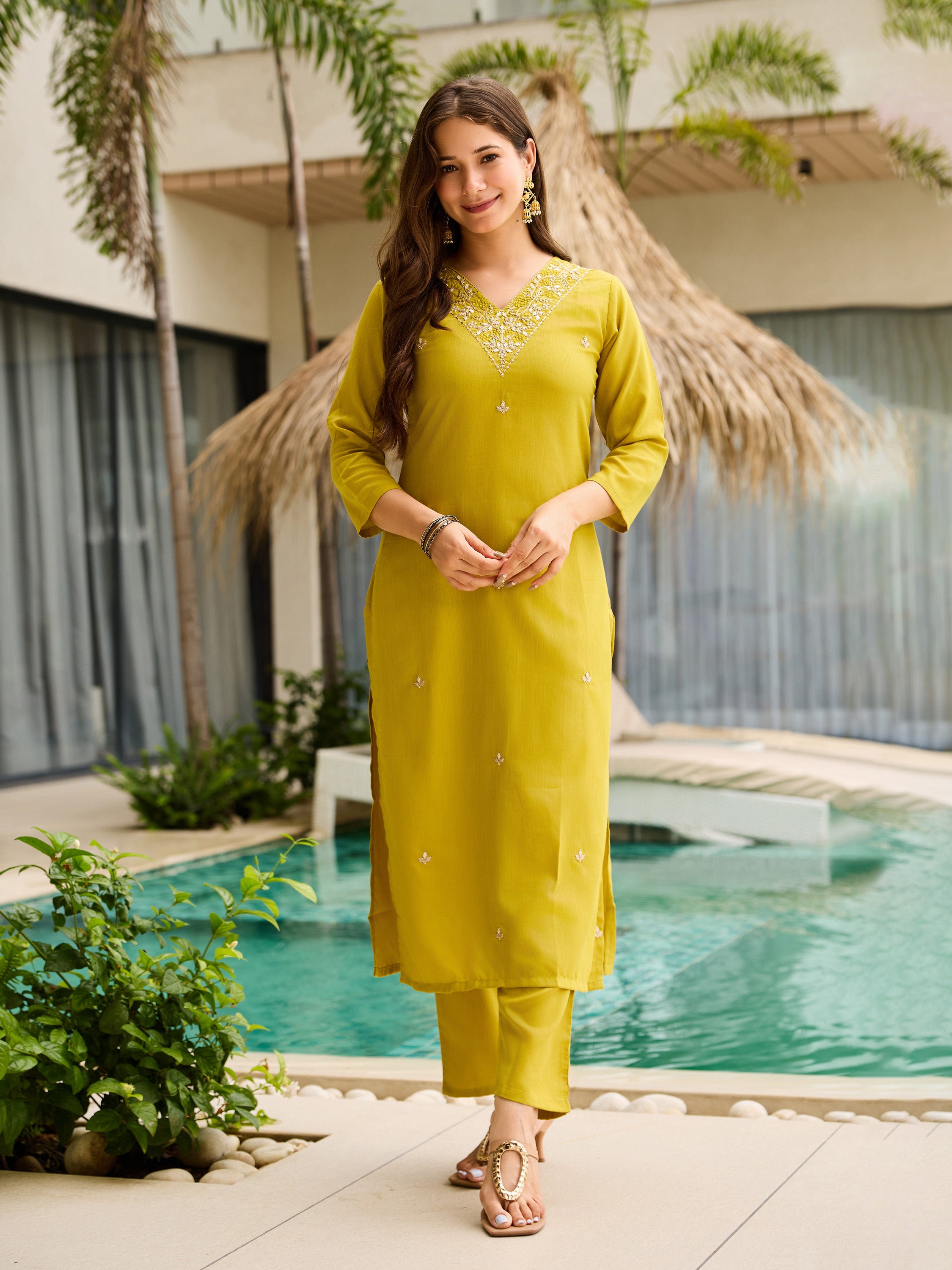 Elegant Mustard Yellow Embroidered Rayon Slub Kurti Set with Organza Dupatta (3-Piece Set)