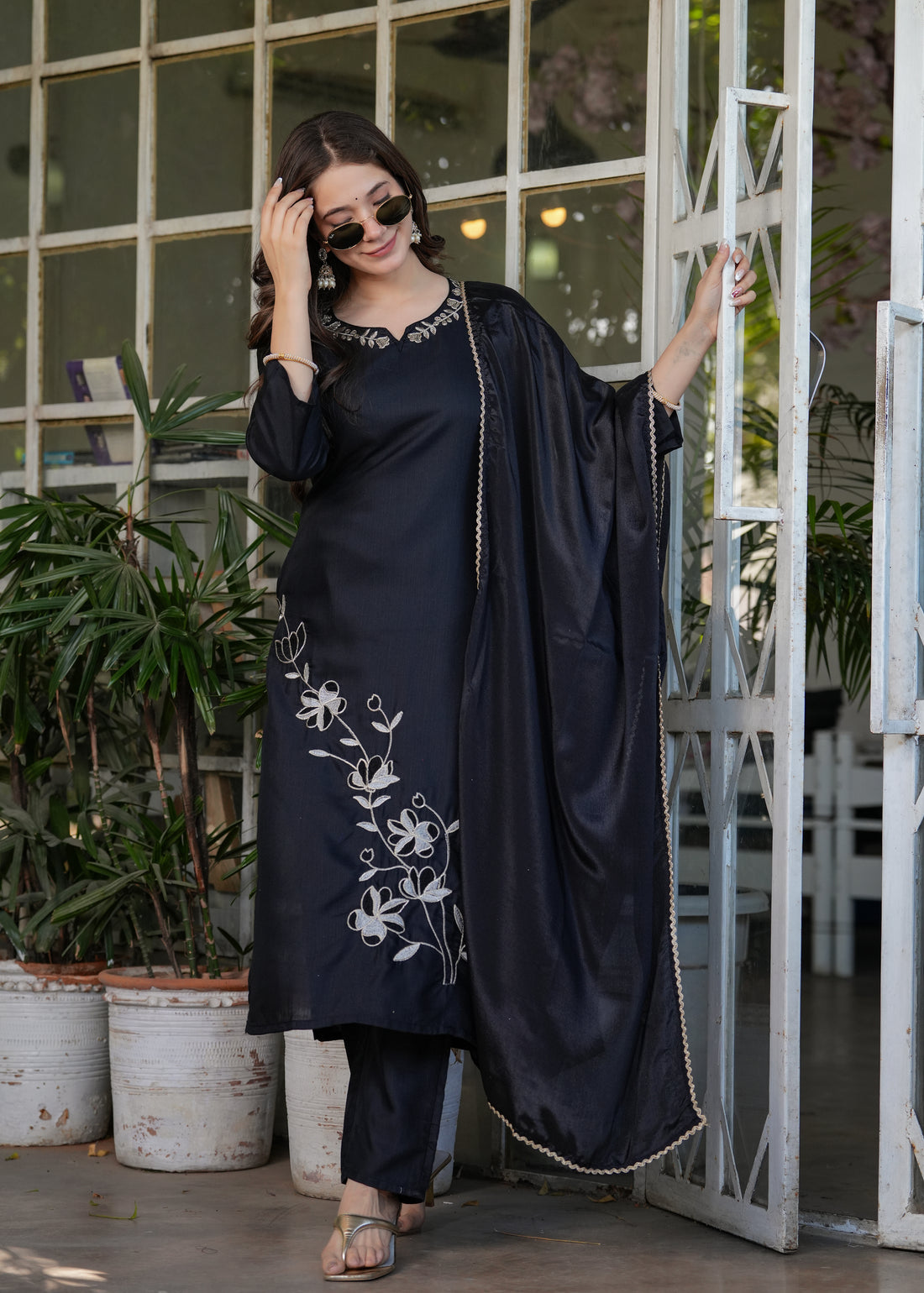 Elegant Black Embroidered Viscose Rayon Kurti Pant Set with Chinon Dupatta | Festive & Party Wear (S–XXL)