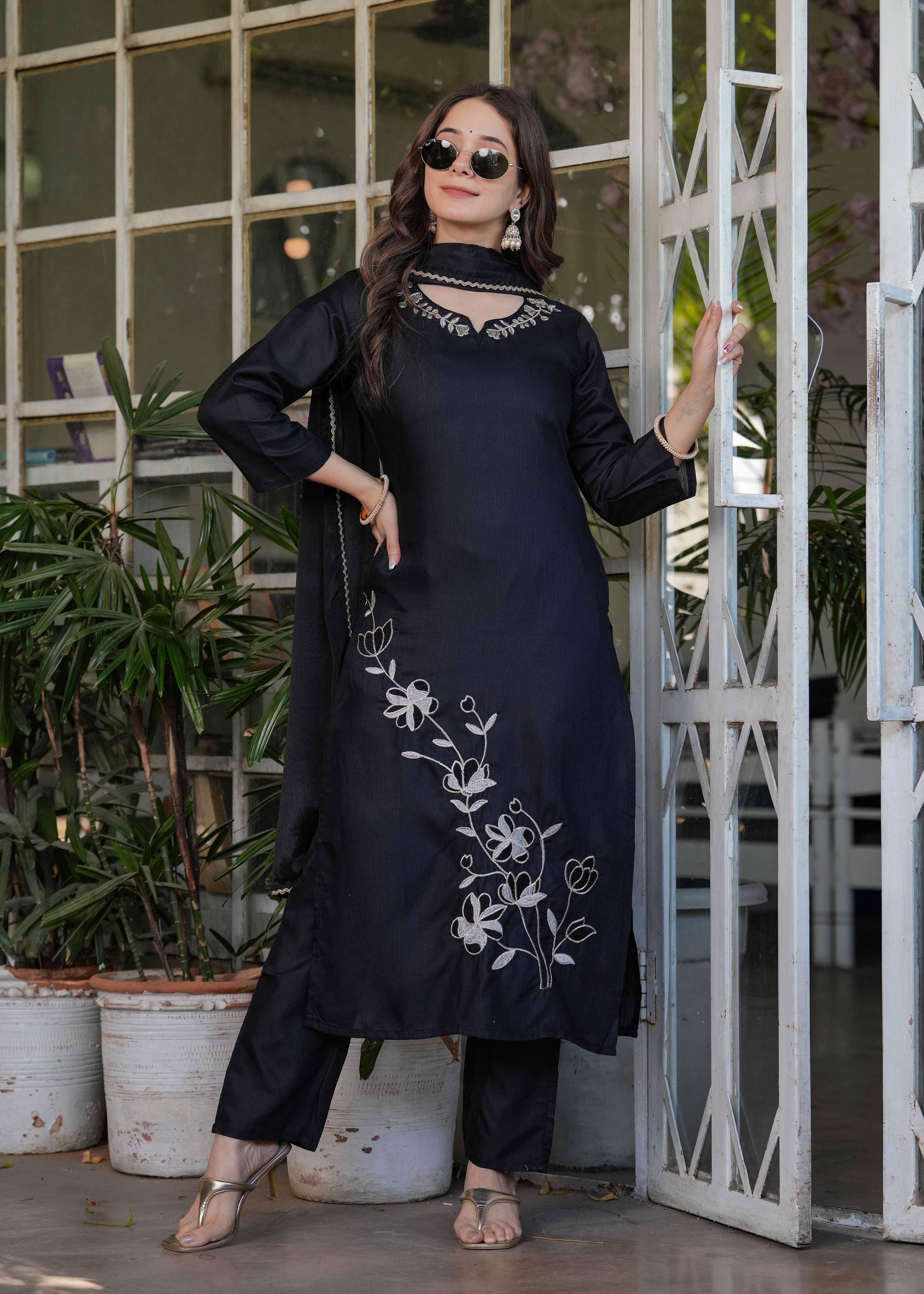 Elegant Black Embroidered Viscose Rayon Kurti Pant Set with Chinon Dupatta | Festive & Party Wear (S–XXL)