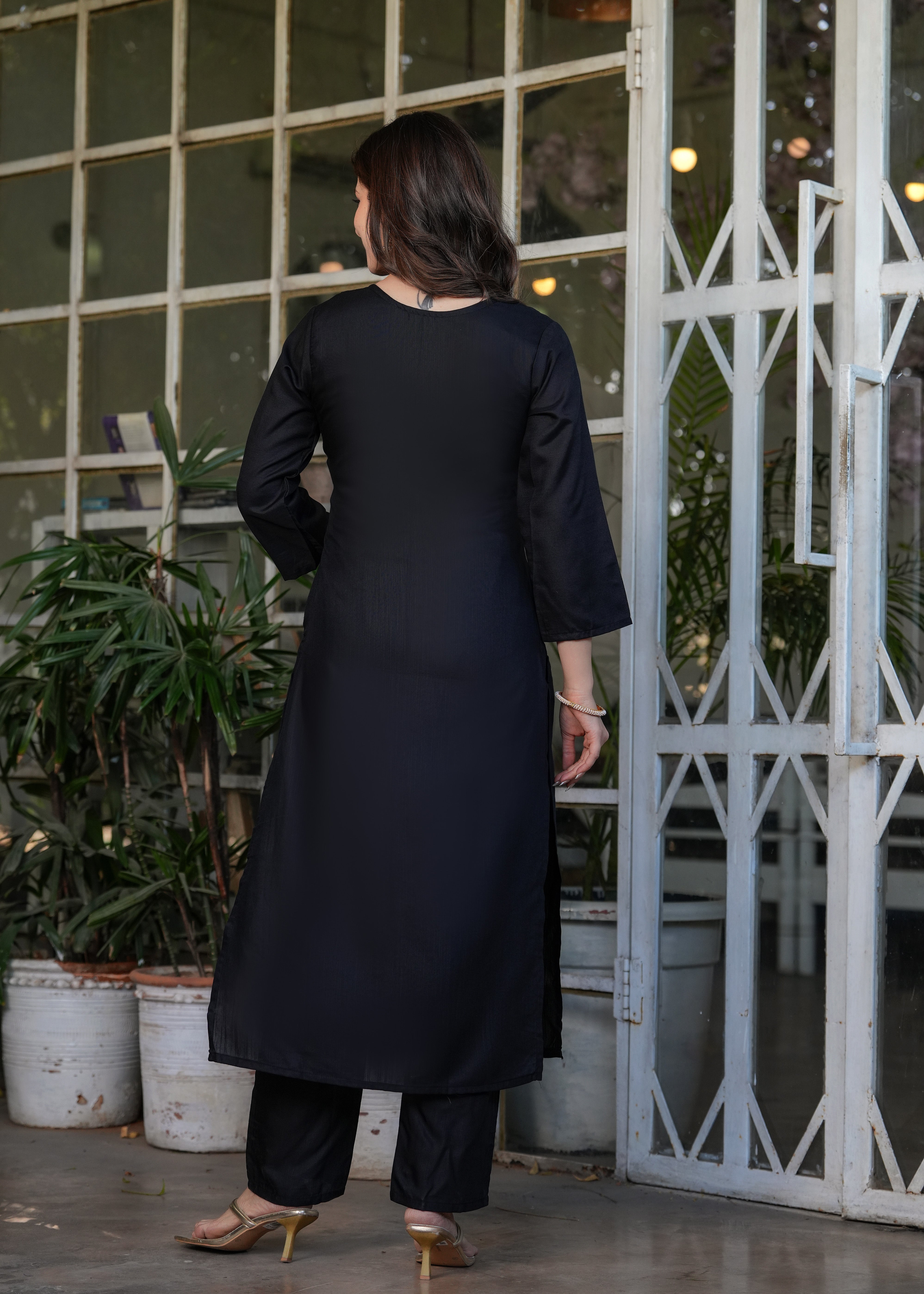 Elegant Black Embroidered Viscose Rayon Kurti Pant Set with Chinon Dupatta | Festive & Party Wear (S–XXL)