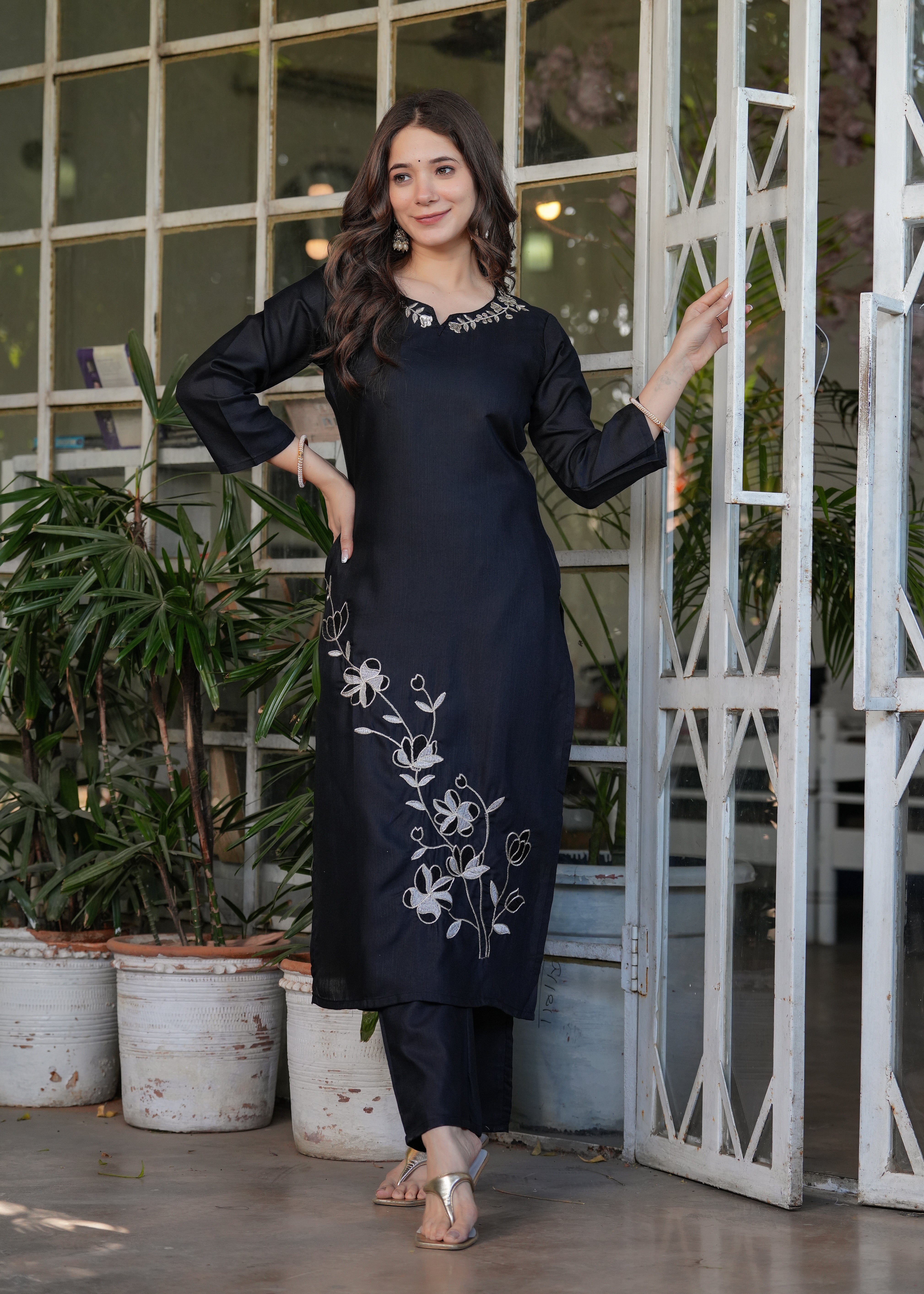 Elegant Black Embroidered Viscose Rayon Kurti Pant Set with Chinon Dupatta | Festive & Party Wear (S–XXL)