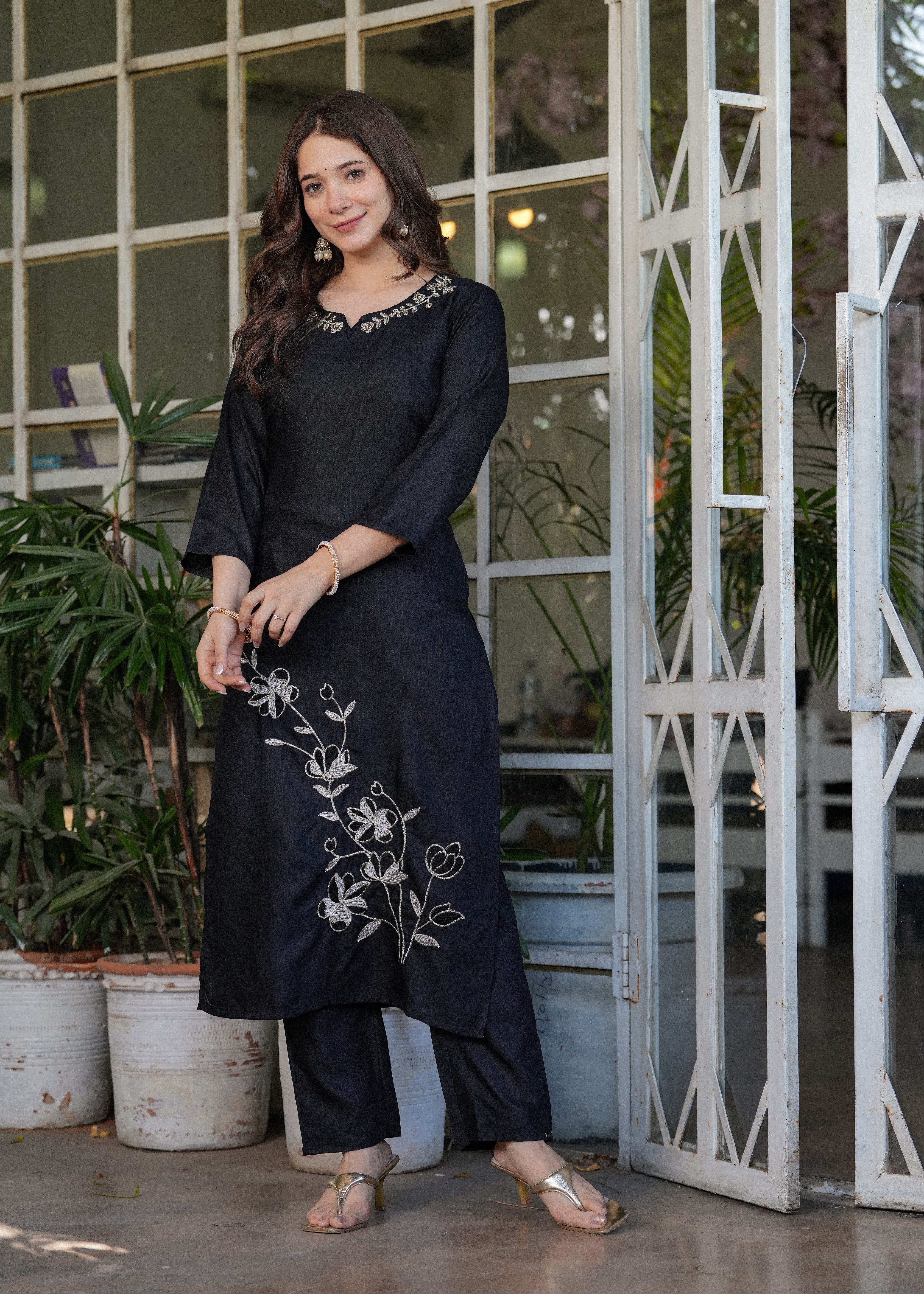 Elegant Black Embroidered Viscose Rayon Kurti Pant Set with Chinon Dupatta | Festive & Party Wear (S–XXL)