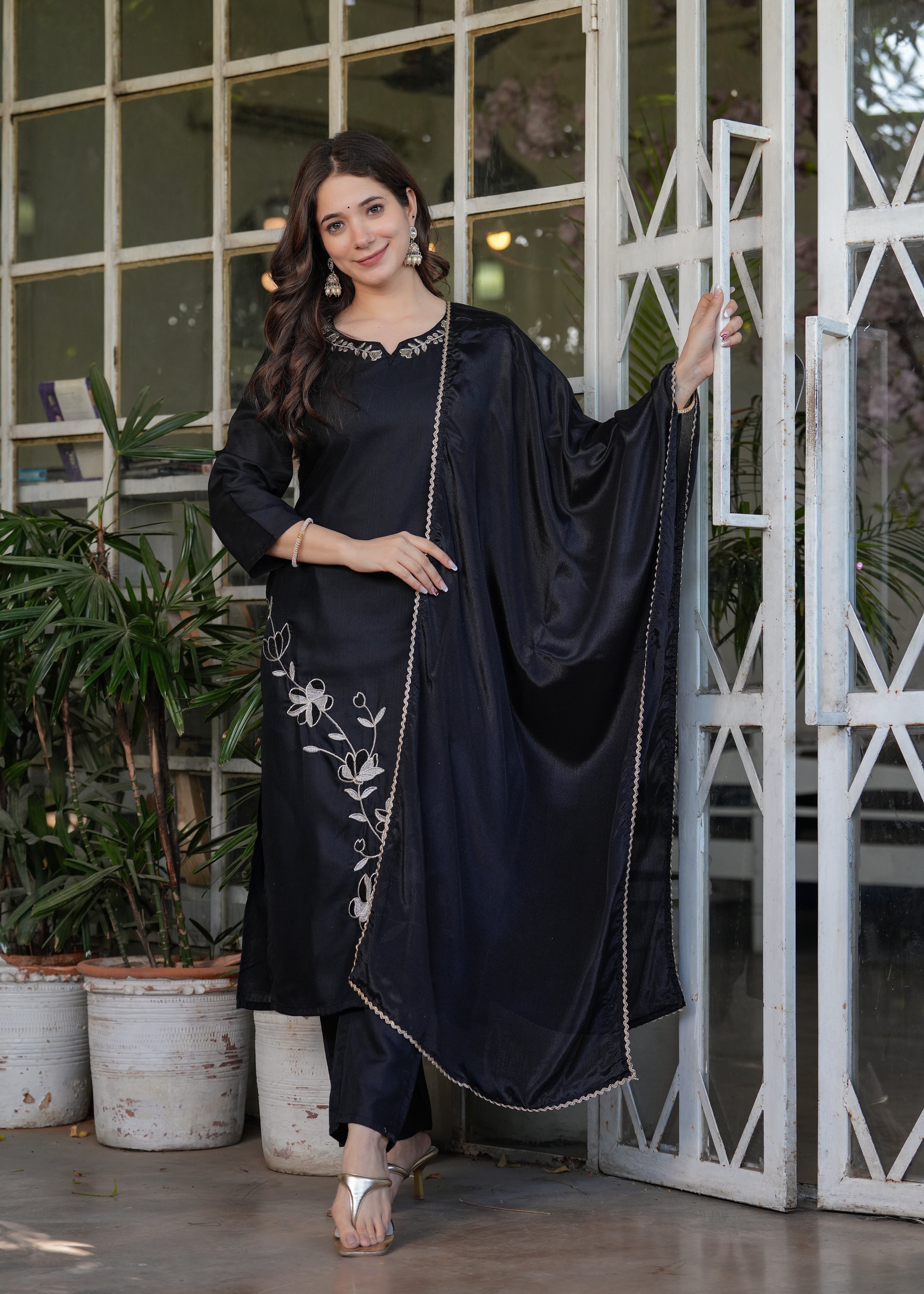 Elegant Black Embroidered Viscose Rayon Kurti Pant Set with Chinon Dupatta | Festive & Party Wear (S–XXL)