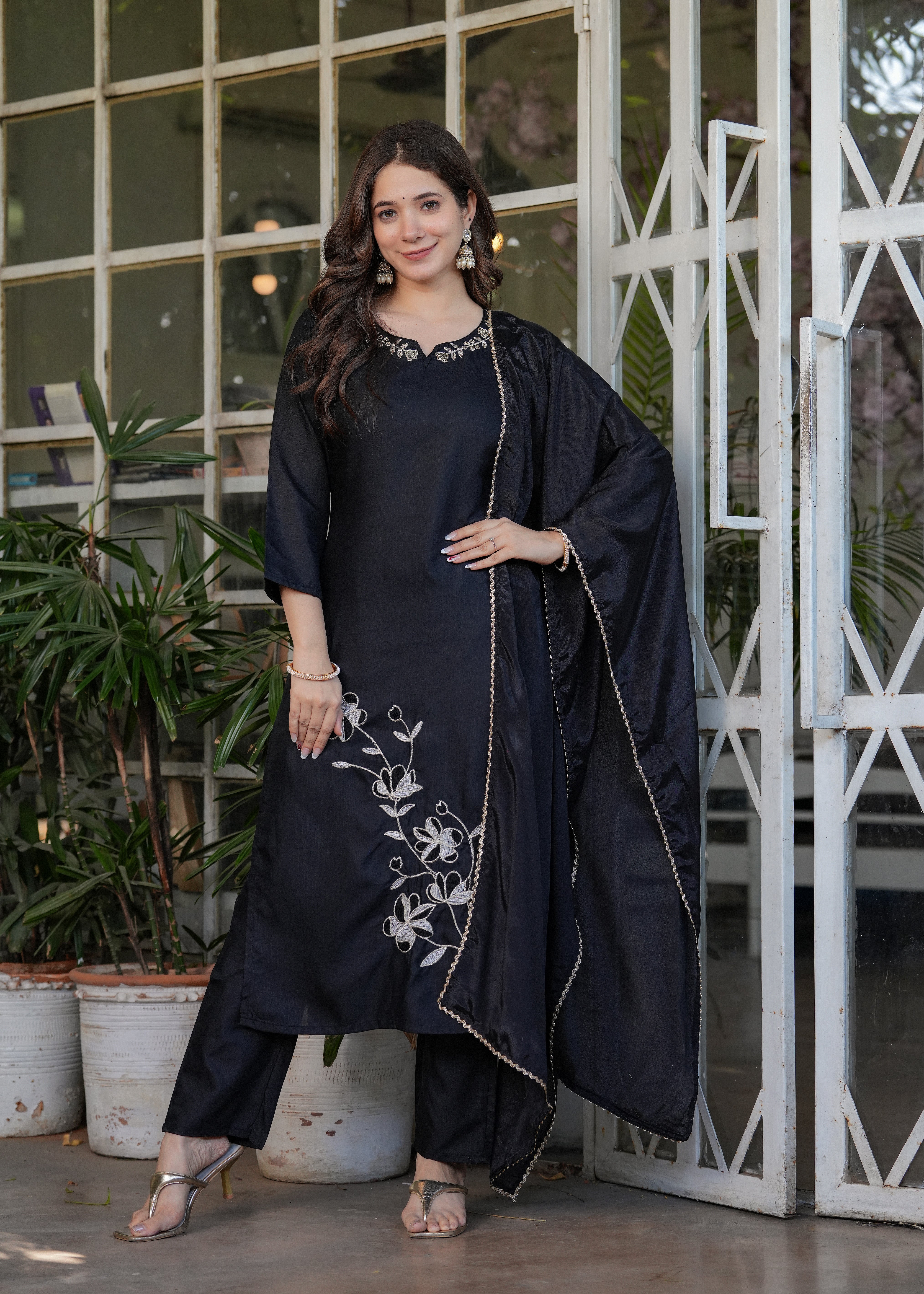 Elegant Black Embroidered Viscose Rayon Kurti Pant Set with Chinon Dupatta | Festive & Party Wear (S–XXL)
