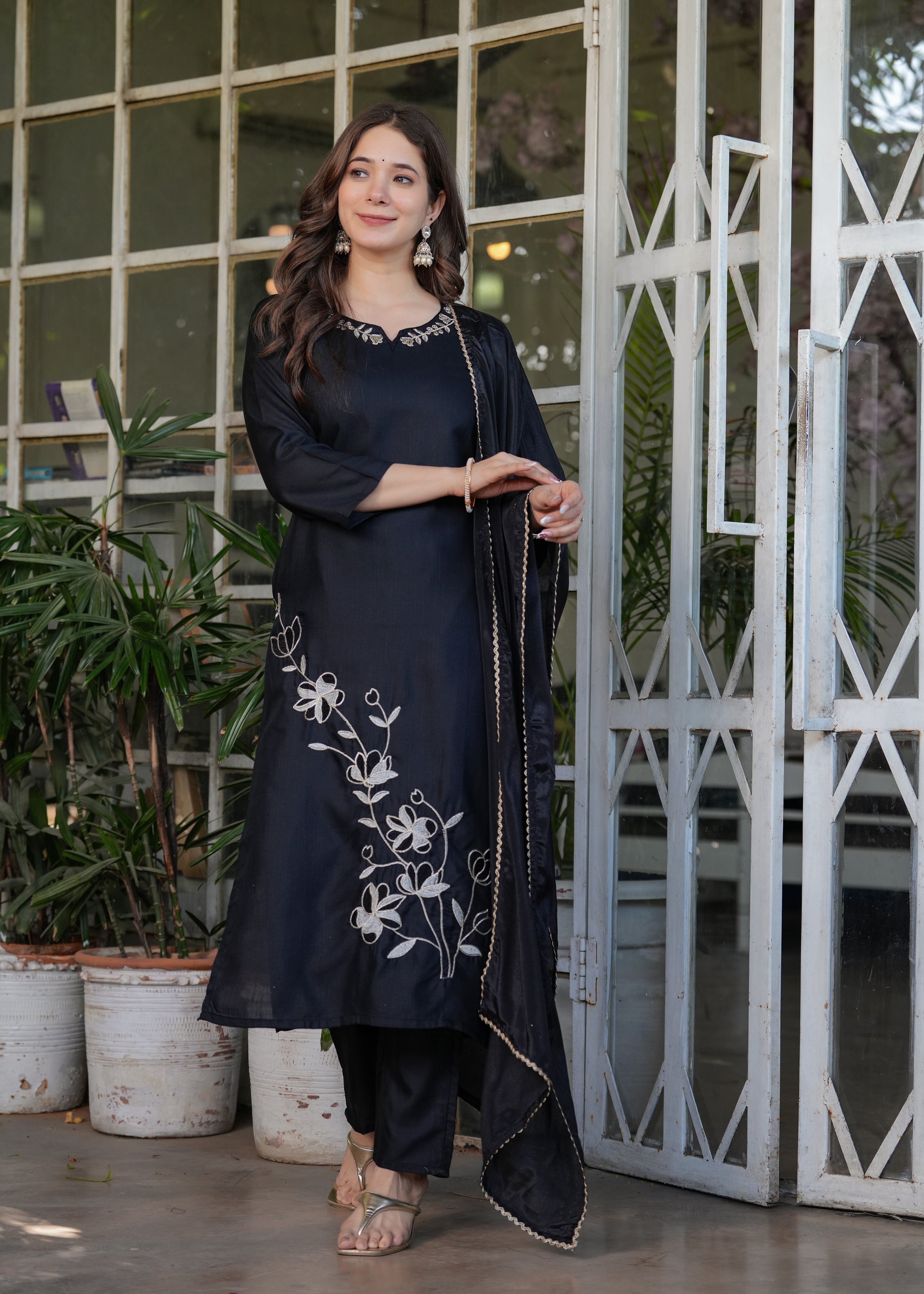Elegant Black Embroidered Viscose Rayon Kurti Pant Set with Chinon Dupatta | Festive & Party Wear (S–XXL)