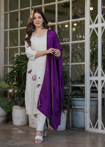 Elegant Off-White Embroidered Viscose Rayon Kurti Set with Purple Chinon Dupatta (3-Piece Set)