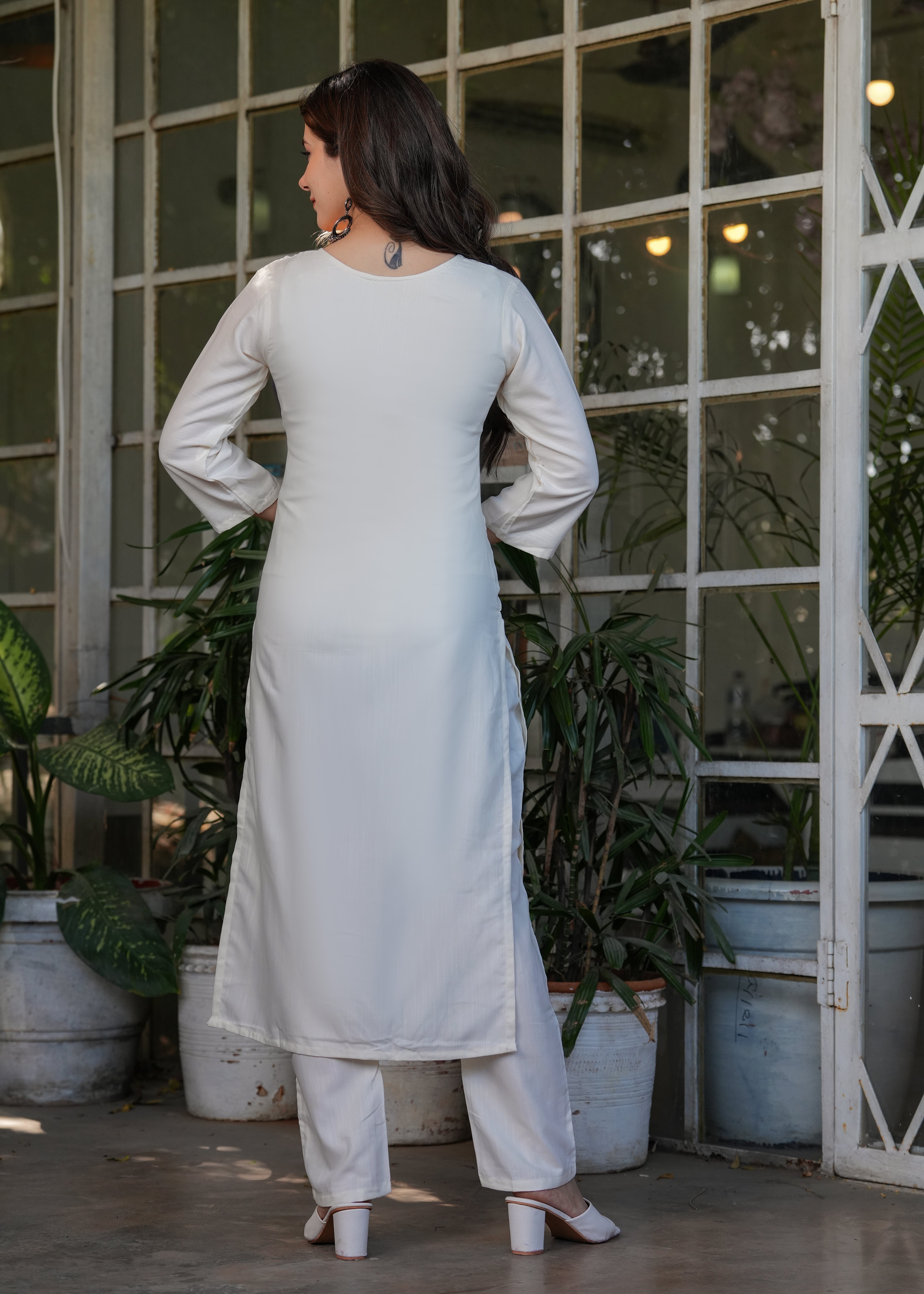 Elegant Off-White Embroidered Viscose Rayon Kurti Set with Purple Chinon Dupatta (3-Piece Set)