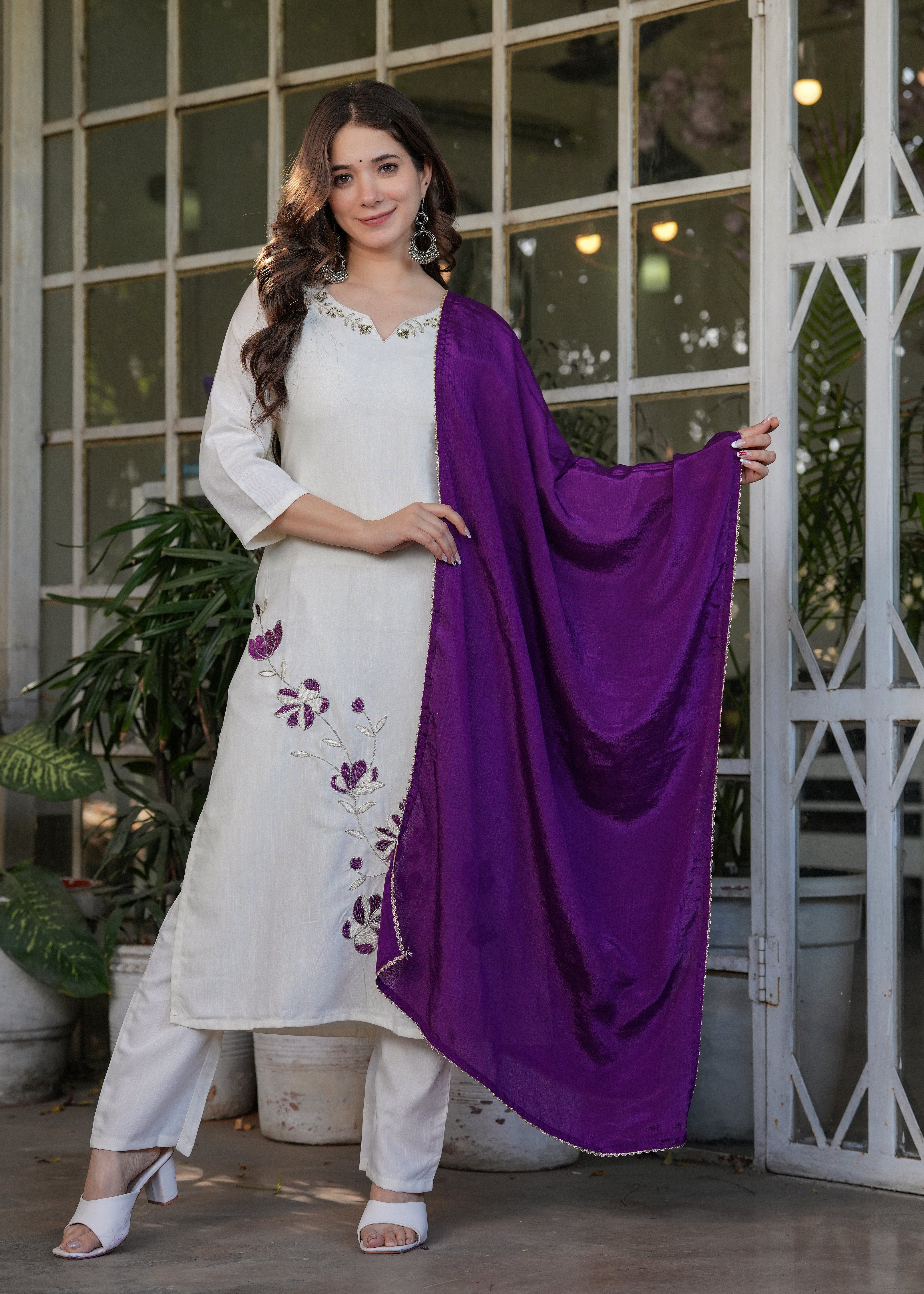 Elegant Off-White Embroidered Viscose Rayon Kurti Set with Purple Chinon Dupatta (3-Piece Set)