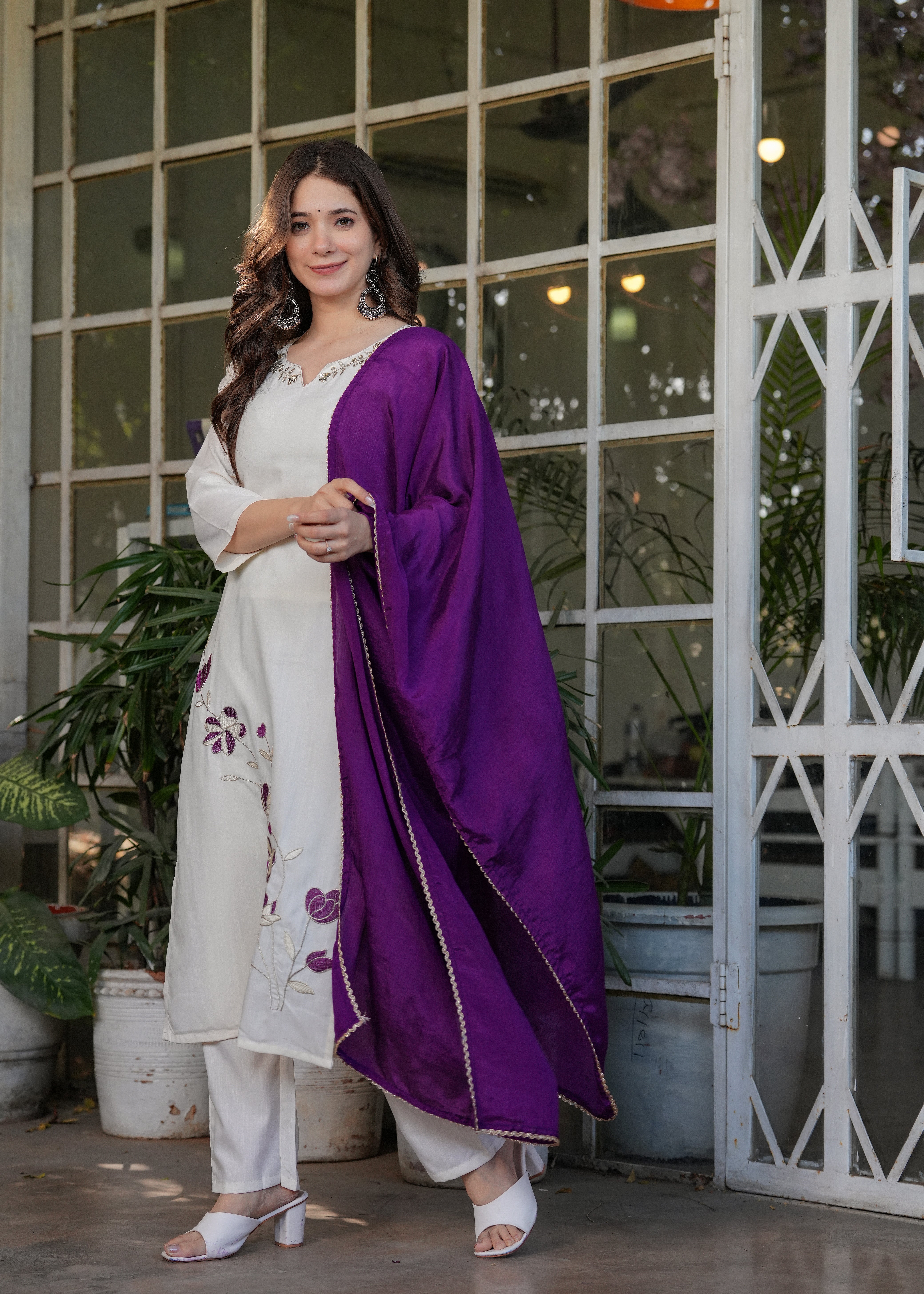 Elegant Off-White Embroidered Viscose Rayon Kurti Set with Purple Chinon Dupatta (3-Piece Set)