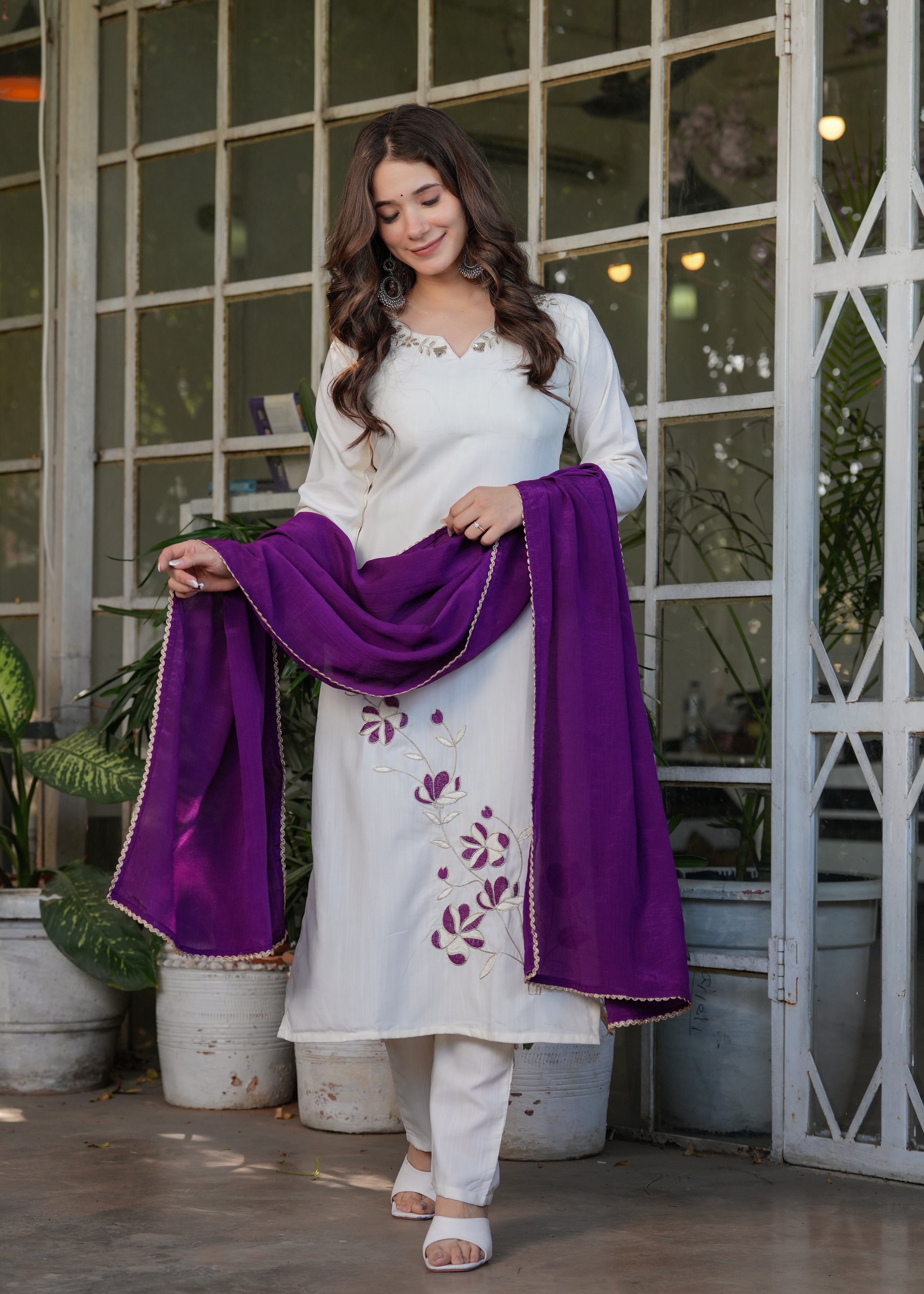 Elegant Off-White Embroidered Viscose Rayon Kurti Set with Purple Chinon Dupatta (3-Piece Set)