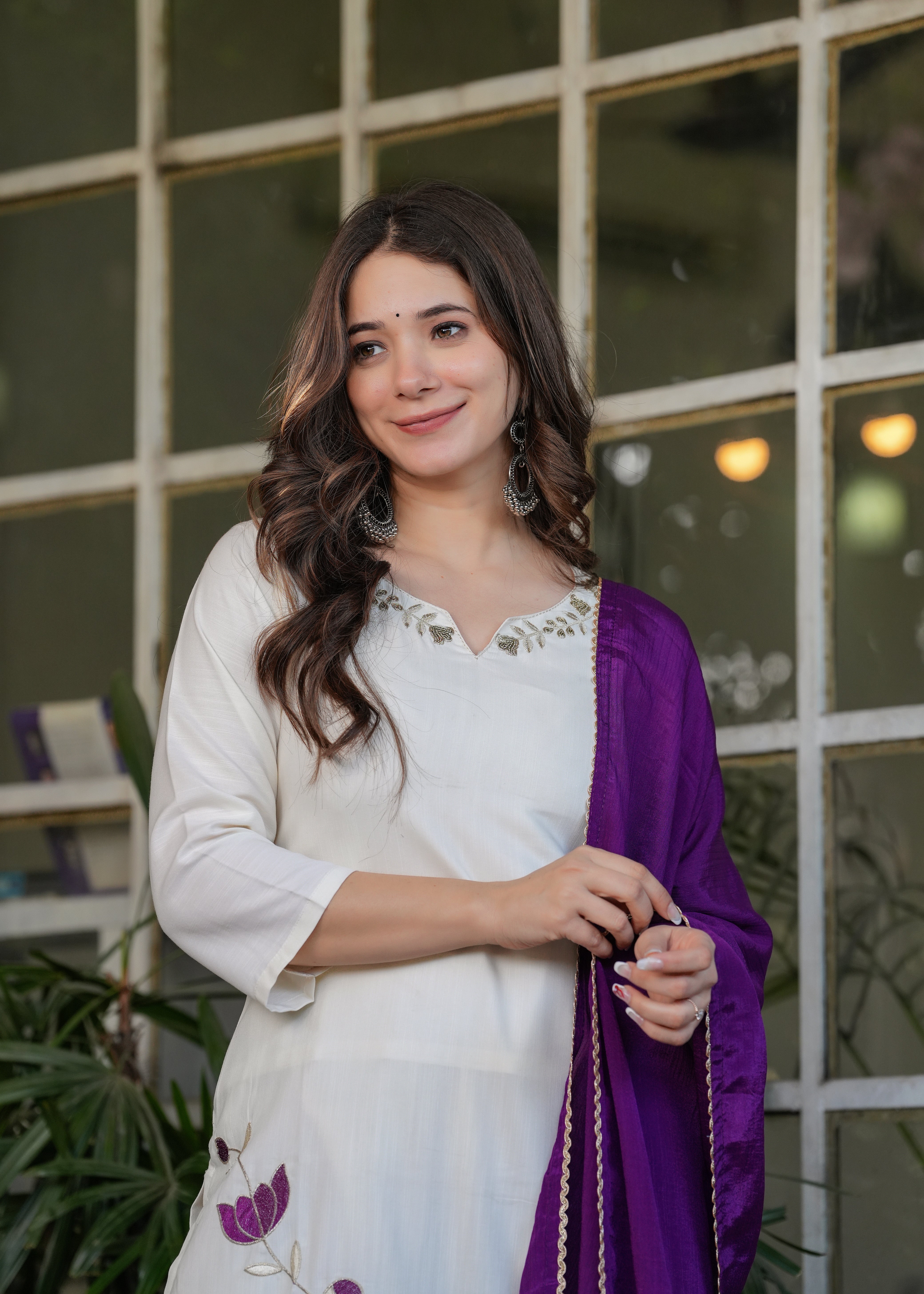 Elegant Off-White Embroidered Viscose Rayon Kurti Set with Purple Chinon Dupatta (3-Piece Set)