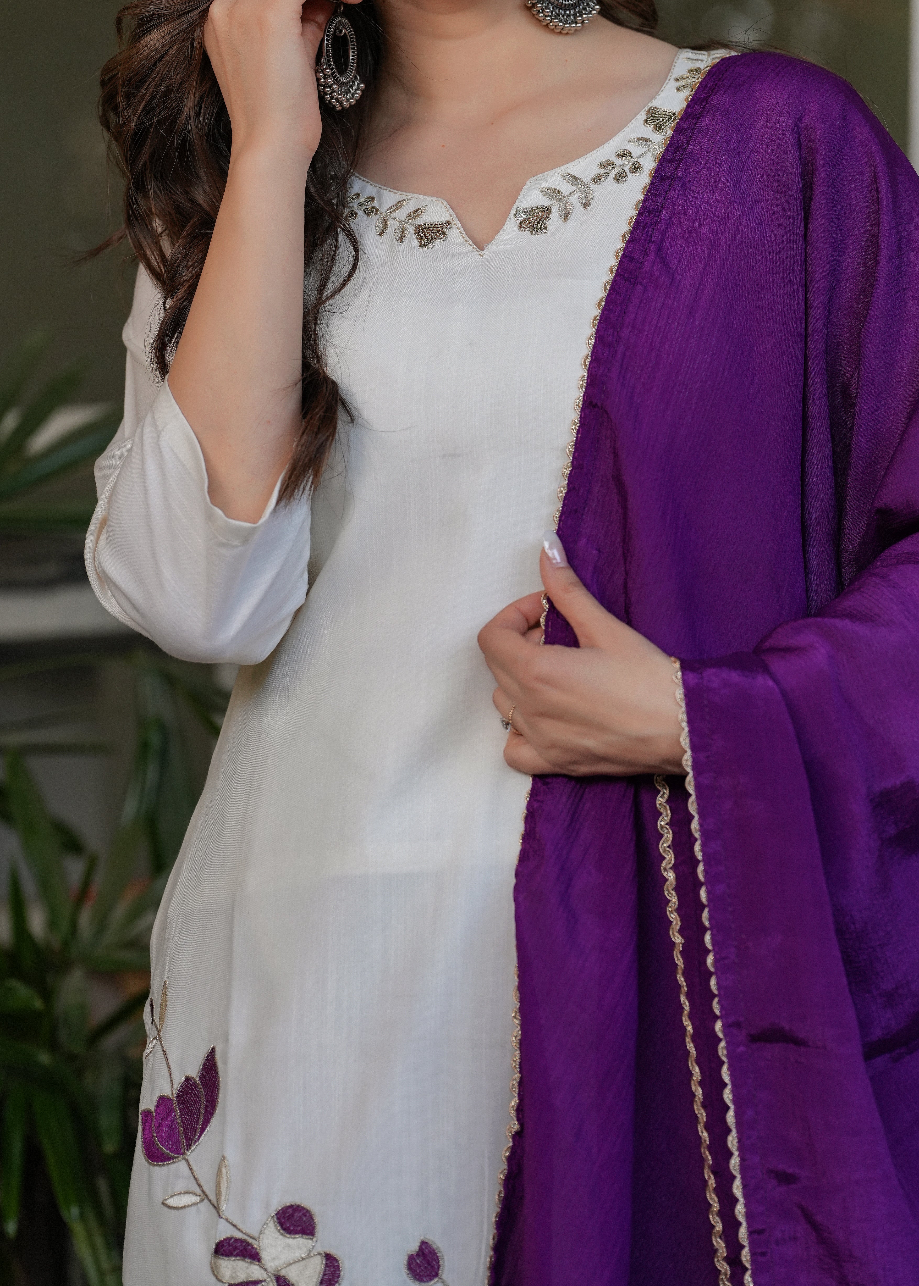 Elegant Off-White Embroidered Viscose Rayon Kurti Set with Purple Chinon Dupatta (3-Piece Set)