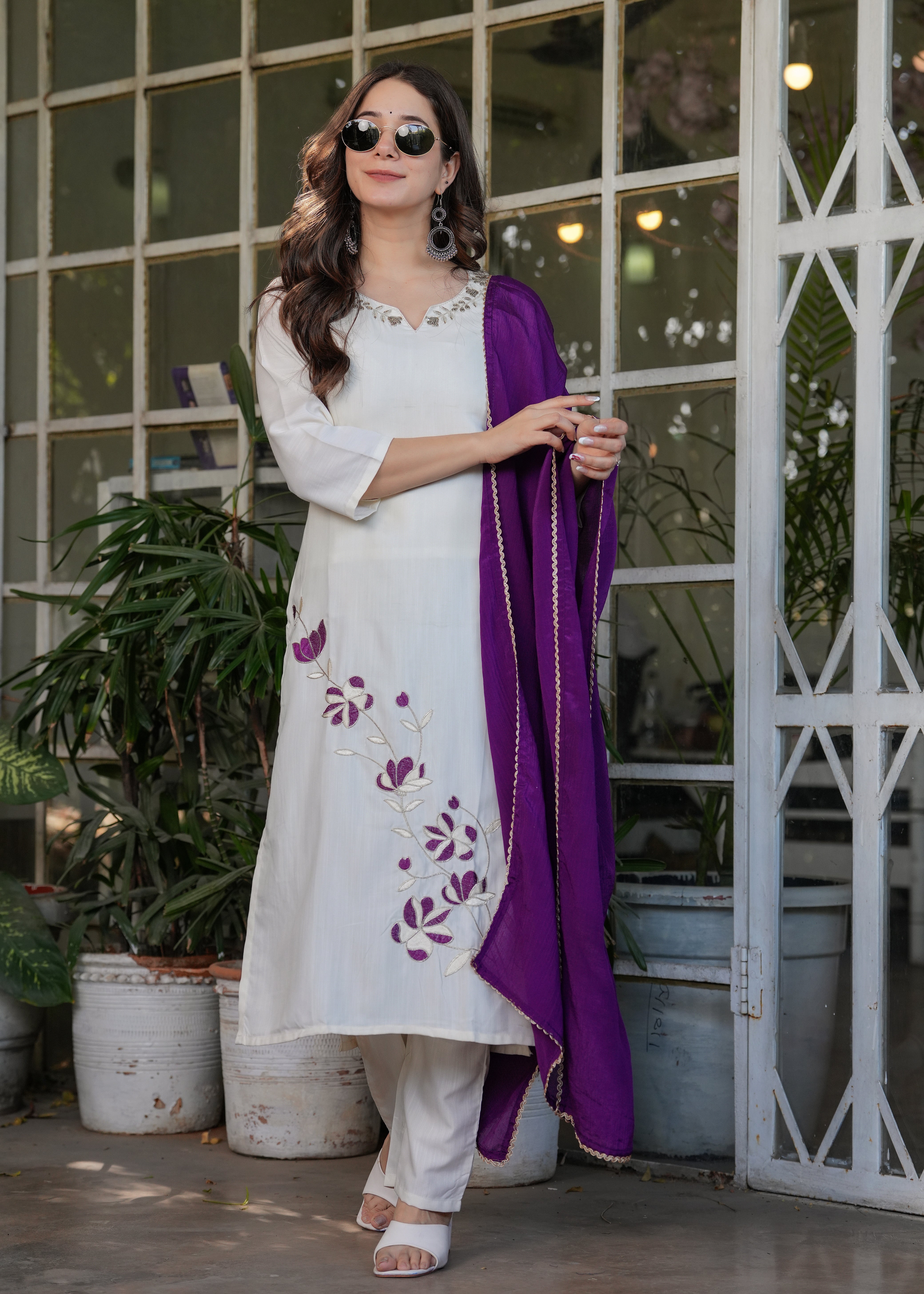 Elegant Off-White Embroidered Viscose Rayon Kurti Set with Purple Chinon Dupatta (3-Piece Set)