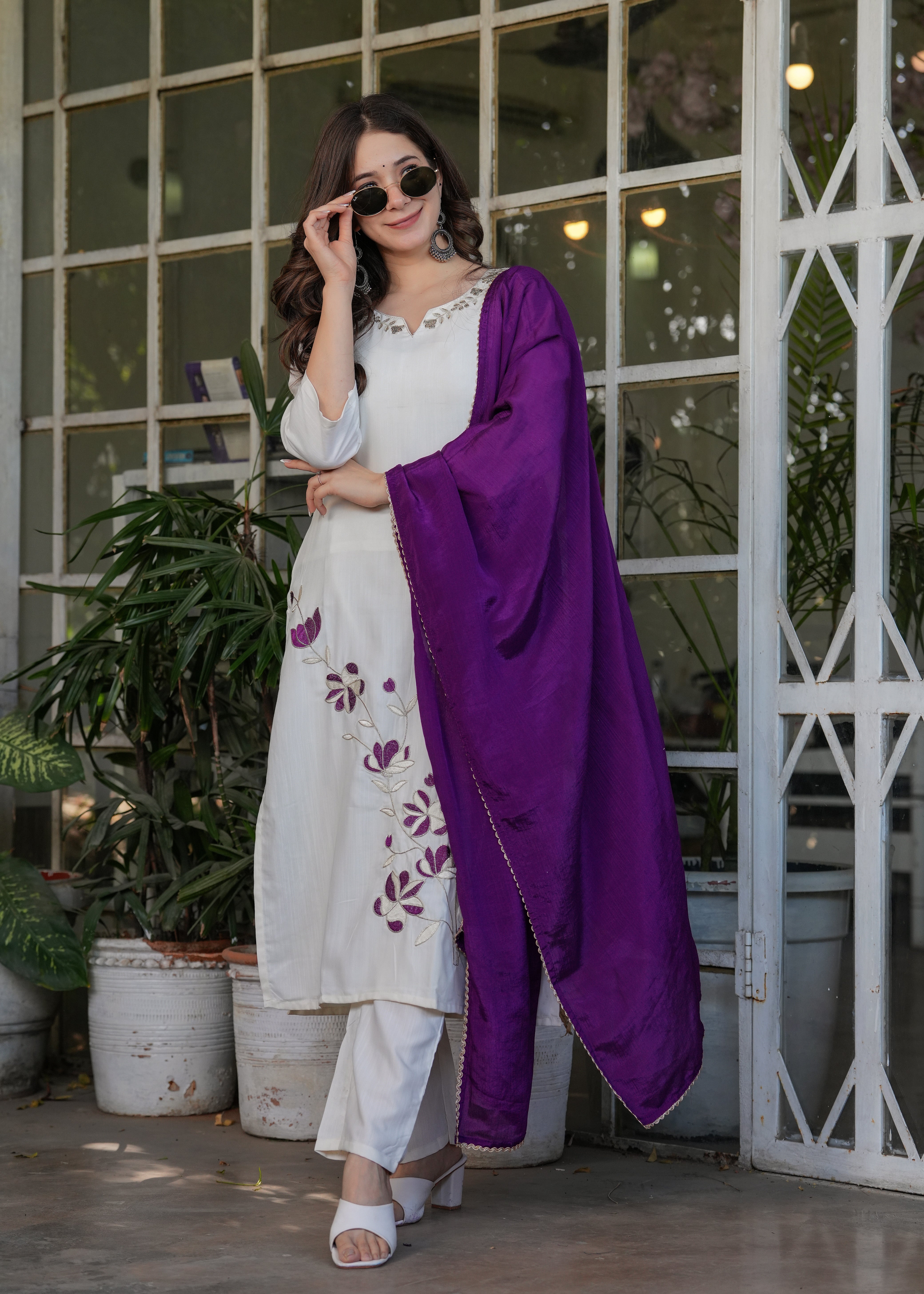 Elegant Off-White Embroidered Viscose Rayon Kurti Set with Purple Chinon Dupatta (3-Piece Set)