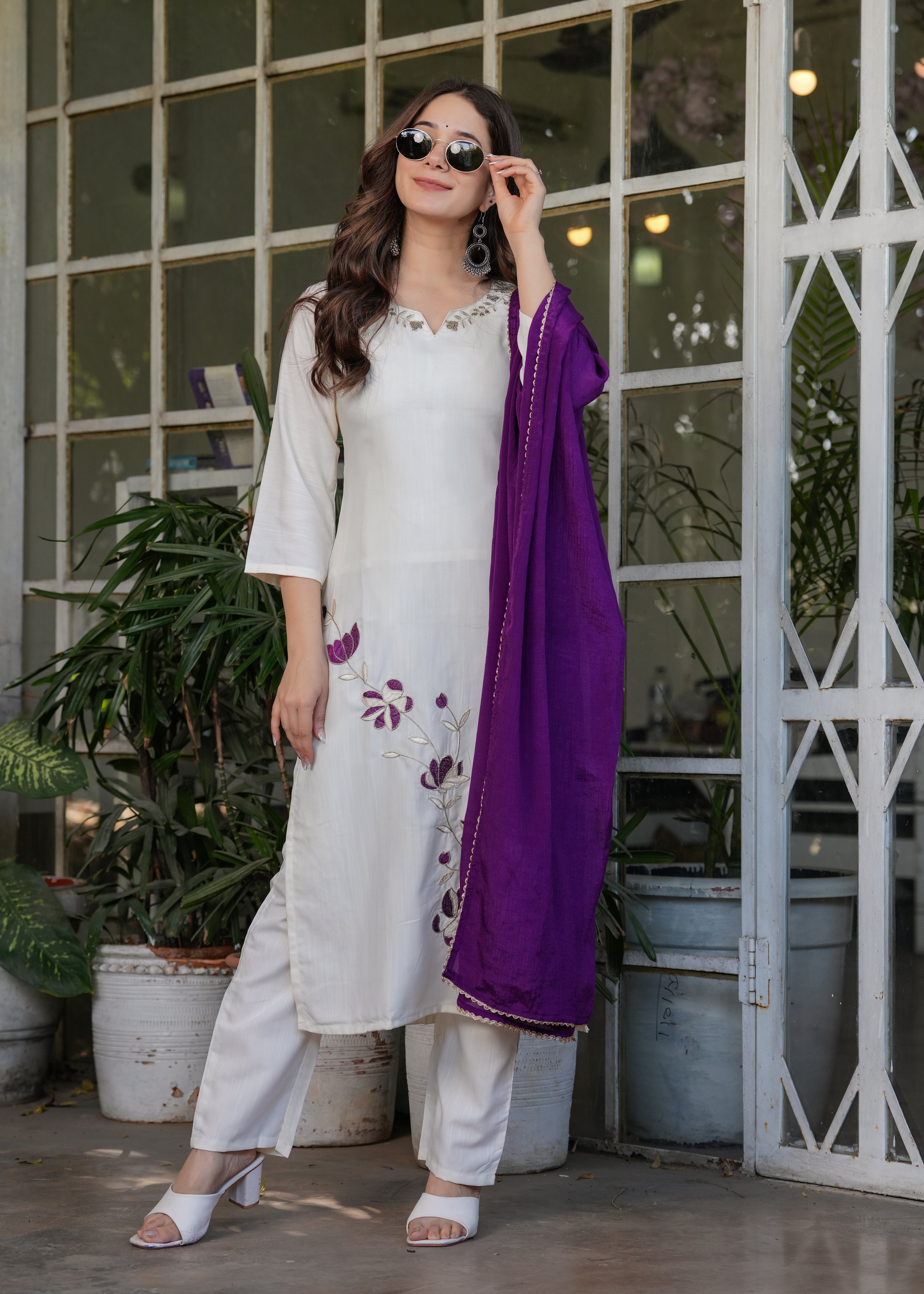 Elegant Off-White Embroidered Viscose Rayon Kurti Set with Purple Chinon Dupatta (3-Piece Set)