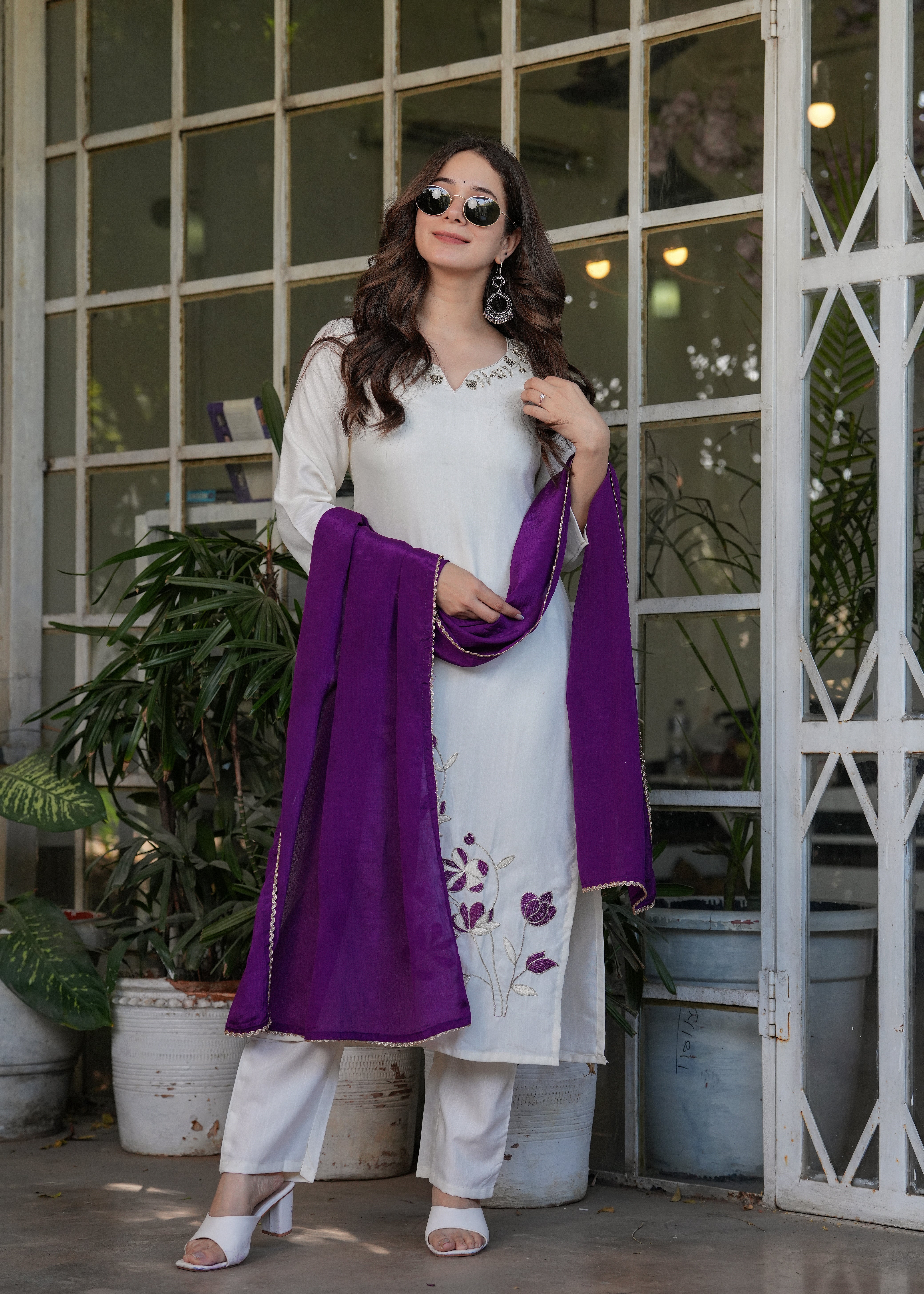 Elegant Off-White Embroidered Viscose Rayon Kurti Set with Purple Chinon Dupatta (3-Piece Set)