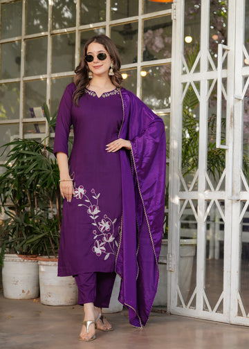 Elegant Purple Embroidered Kurti Set with Chinon Dupatta | Viscose Rayon 3-Piece Ethnic Wear (S–XXL)