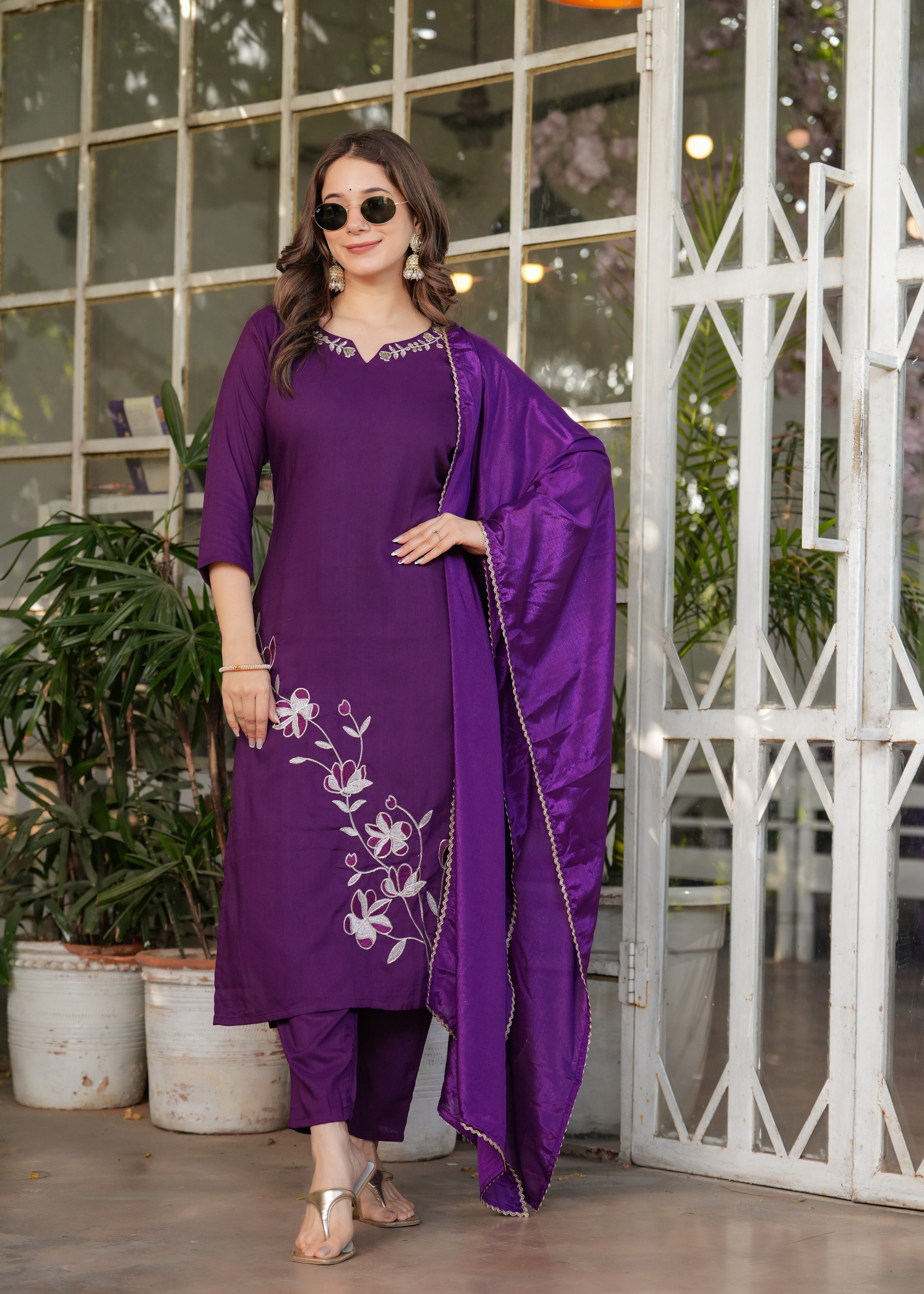 Elegant Purple Embroidered Kurti Set with Chinon Dupatta | Viscose Rayon 3-Piece Ethnic Wear (S–XXL)