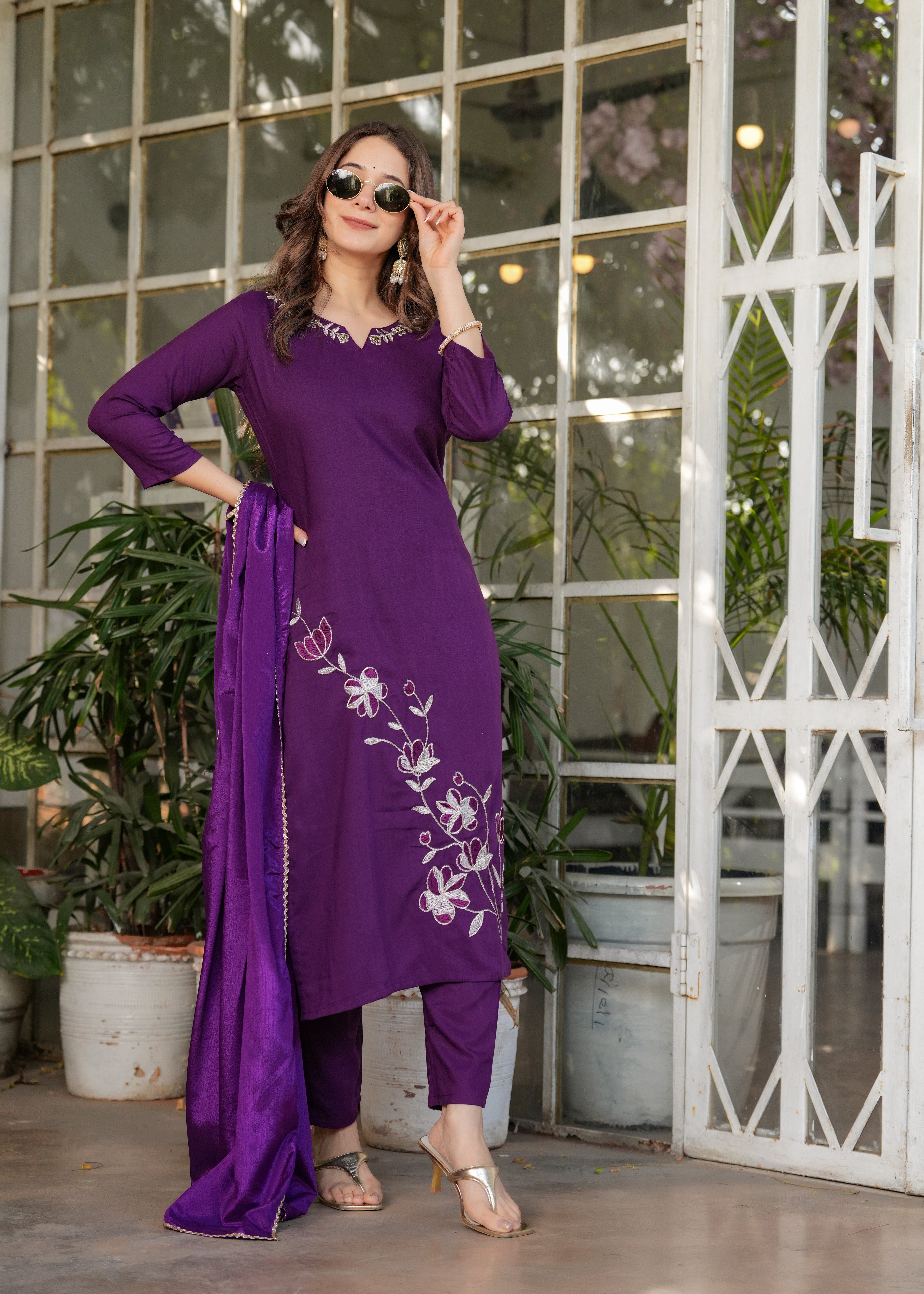 Elegant Purple Embroidered Kurti Set with Chinon Dupatta | Viscose Rayon 3-Piece Ethnic Wear (S–XXL)
