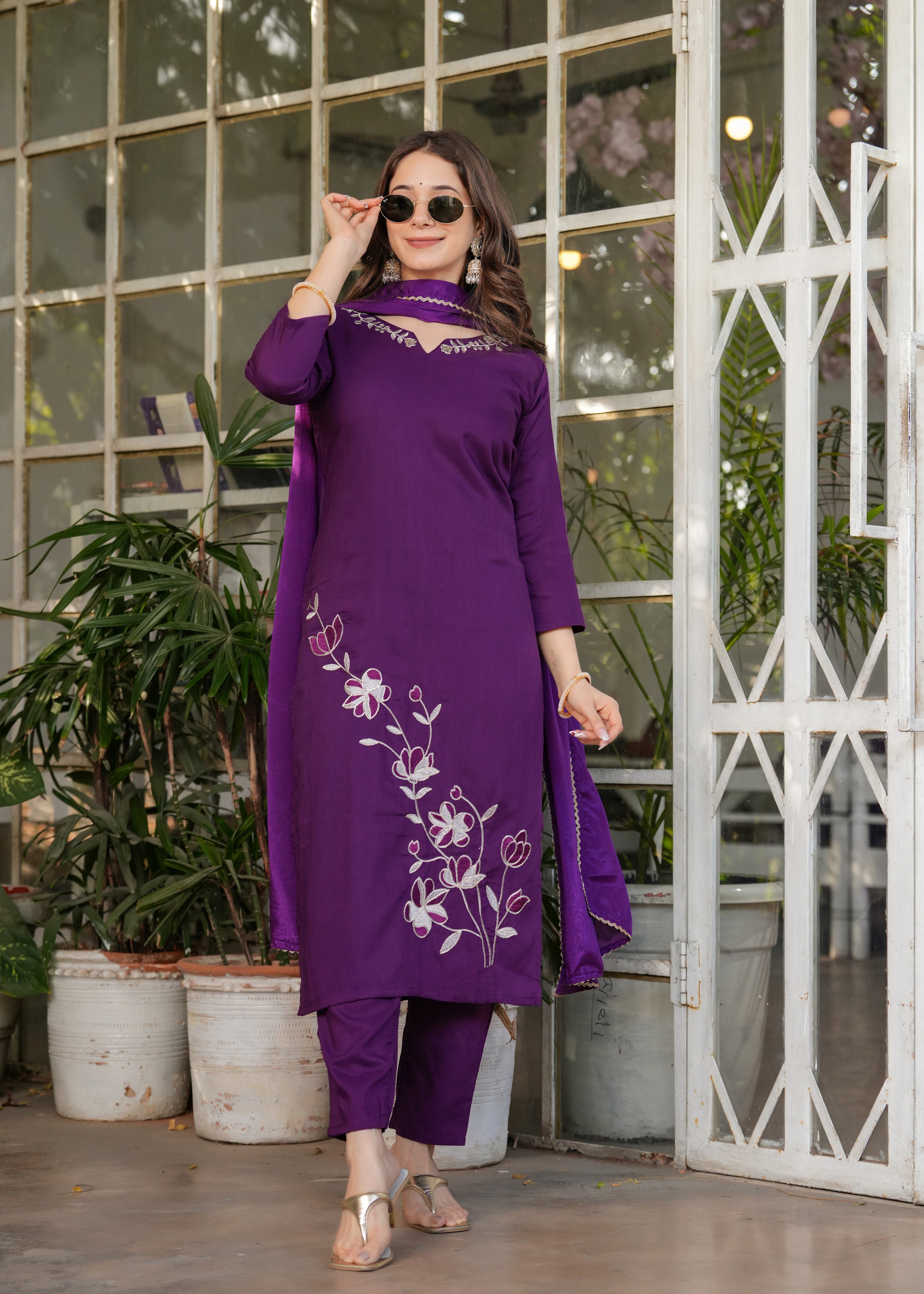 Elegant Purple Embroidered Kurti Set with Chinon Dupatta | Viscose Rayon 3-Piece Ethnic Wear (S–XXL)