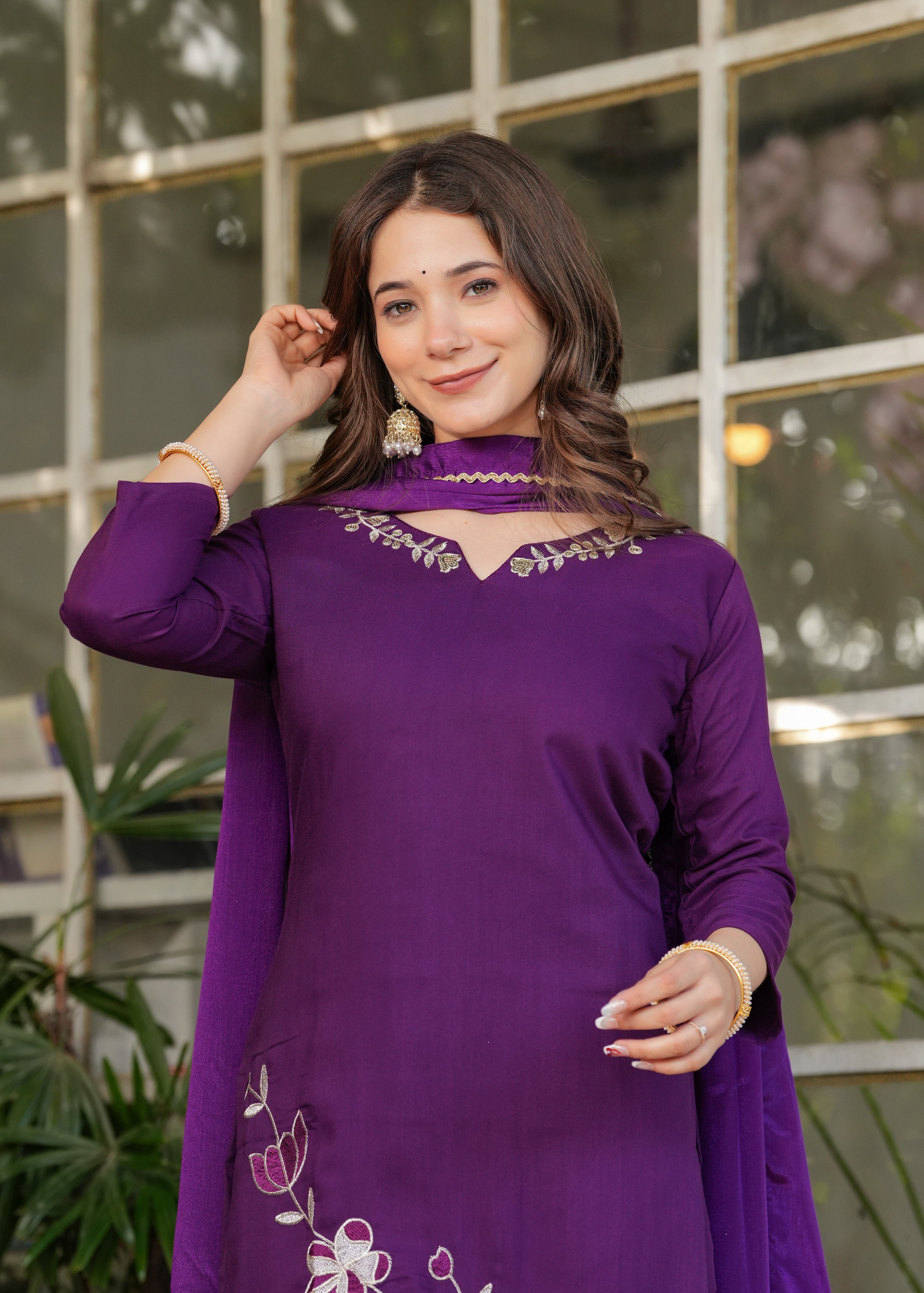 Elegant Purple Embroidered Kurti Set with Chinon Dupatta | Viscose Rayon 3-Piece Ethnic Wear (S–XXL)