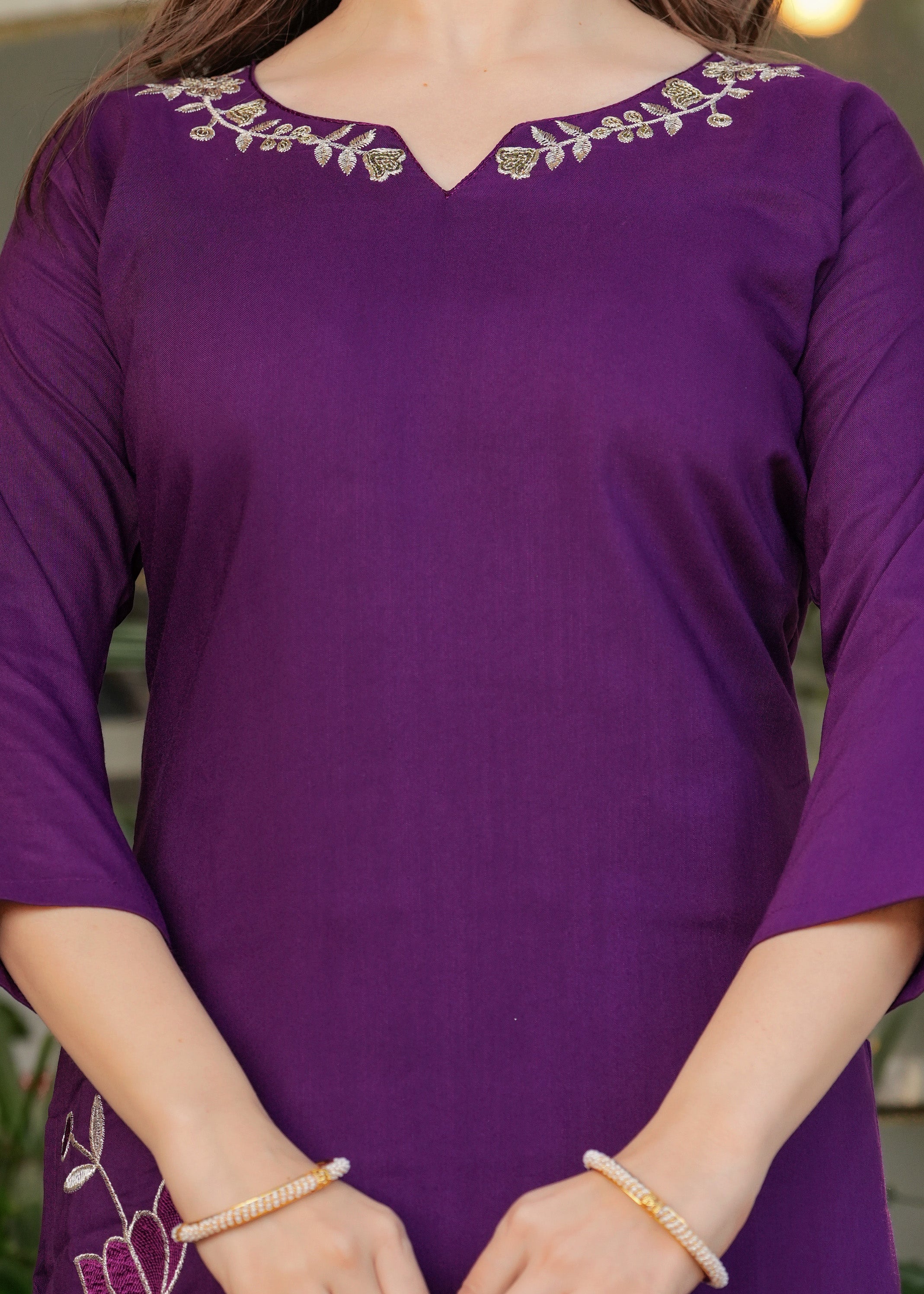 Elegant Purple Embroidered Kurti Set with Chinon Dupatta | Viscose Rayon 3-Piece Ethnic Wear (S–XXL)