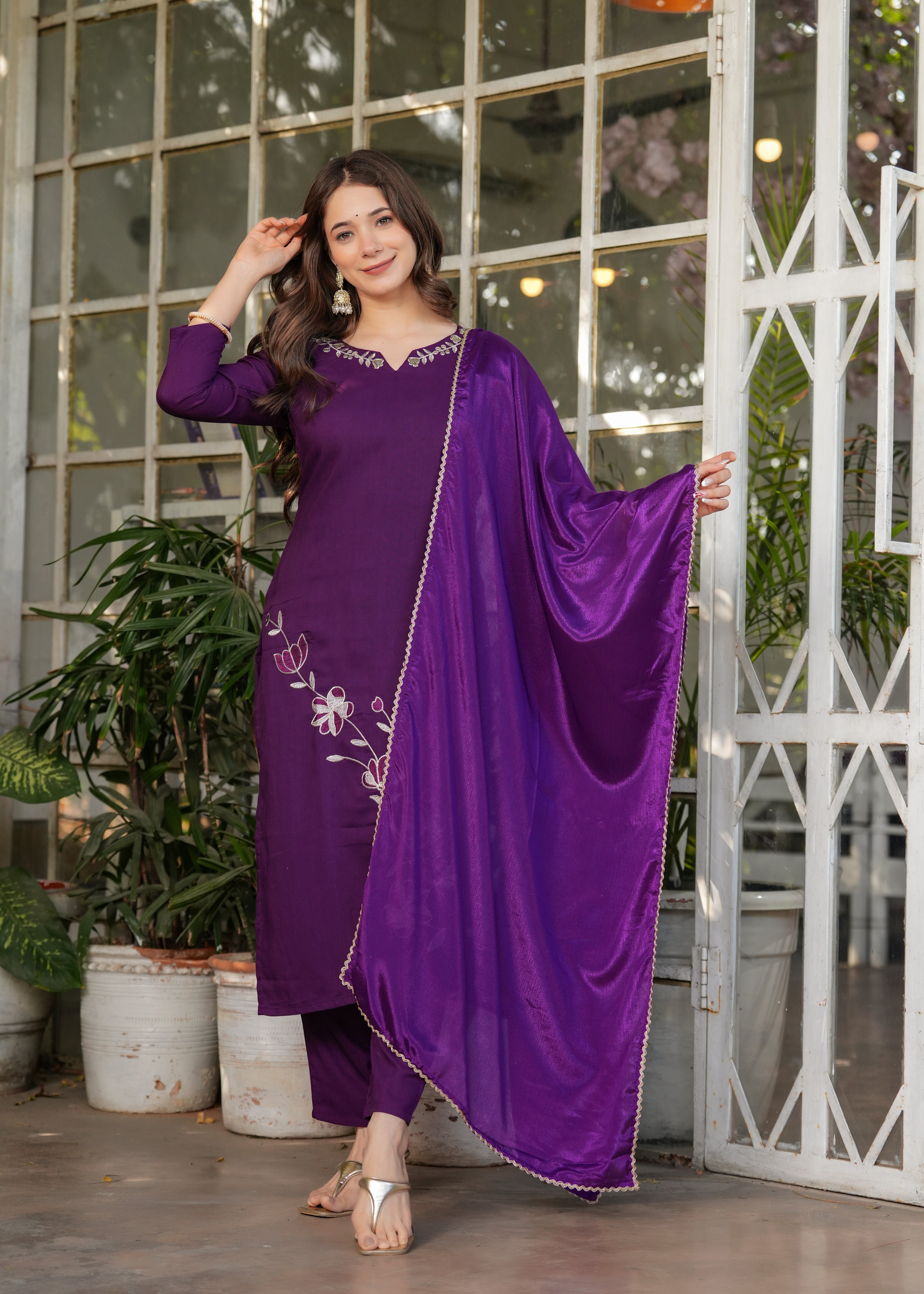 Elegant Purple Embroidered Kurti Set with Chinon Dupatta | Viscose Rayon 3-Piece Ethnic Wear (S–XXL)