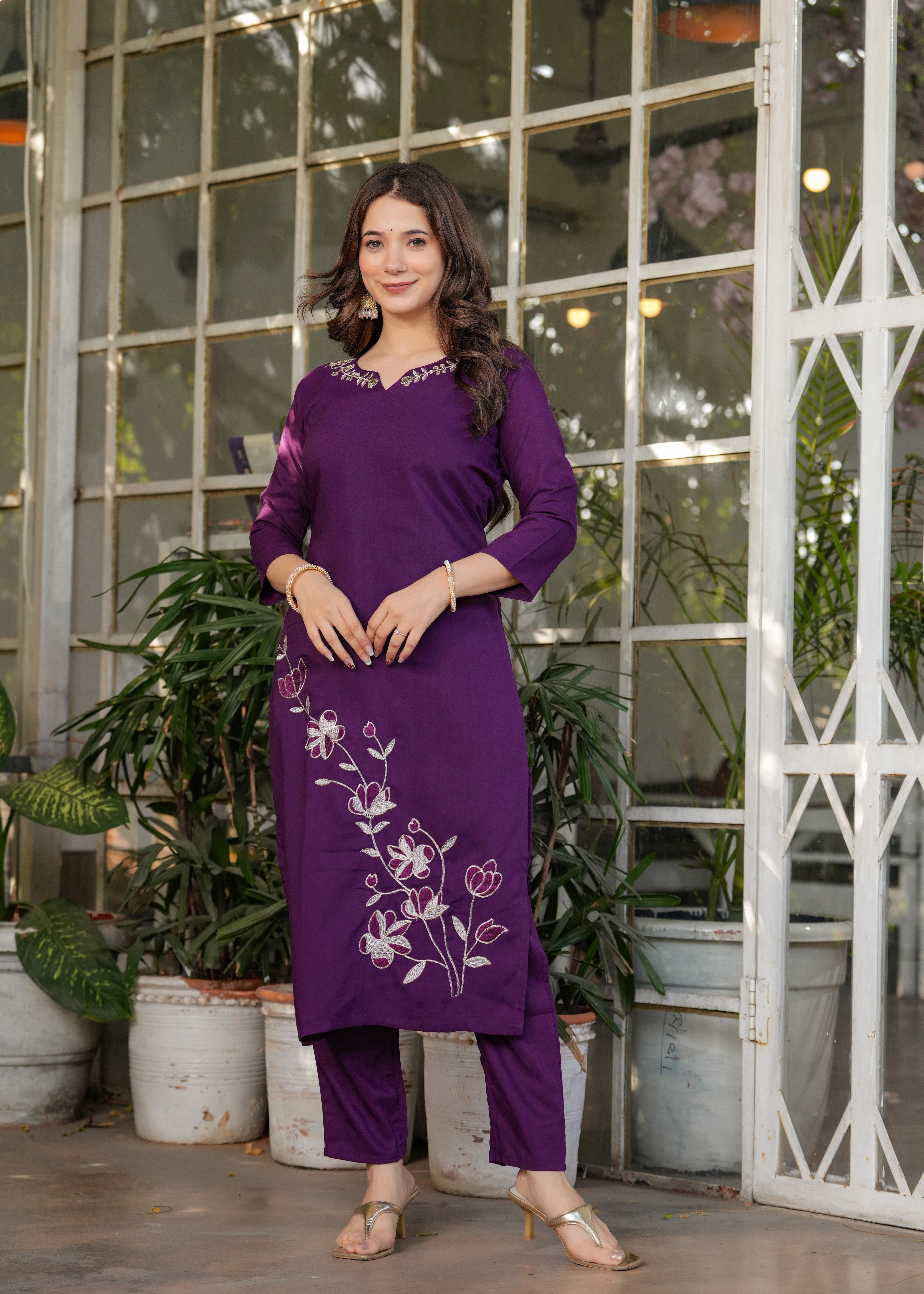Elegant Purple Embroidered Kurti Set with Chinon Dupatta | Viscose Rayon 3-Piece Ethnic Wear (S–XXL)