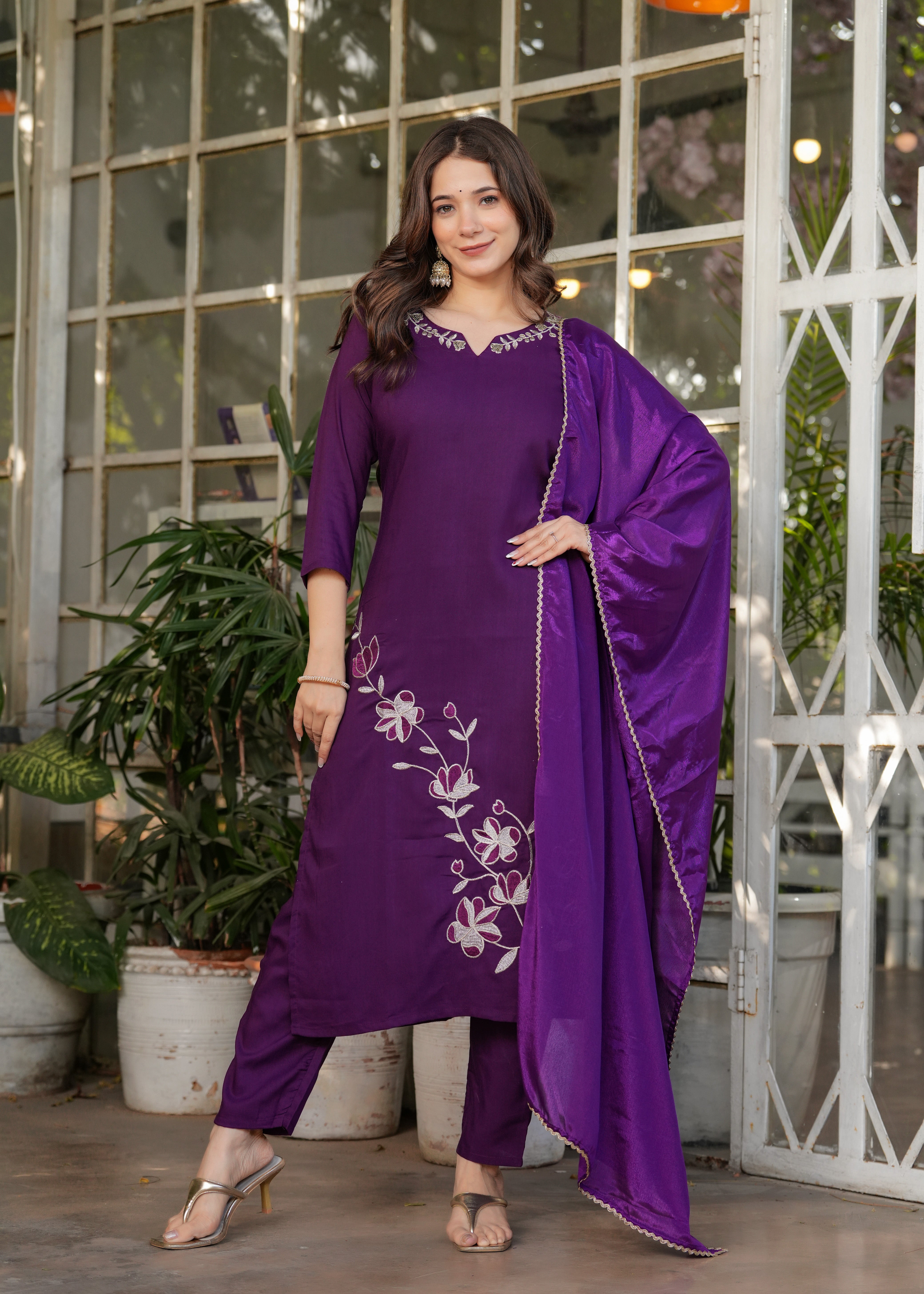 Elegant Purple Embroidered Kurti Set with Chinon Dupatta | Viscose Rayon 3-Piece Ethnic Wear (S–XXL)