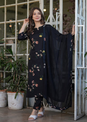 Elegant Black Floral Embroidered Silk Blend Kurti Set with Nazmin Dupatta (3-Piece Set)