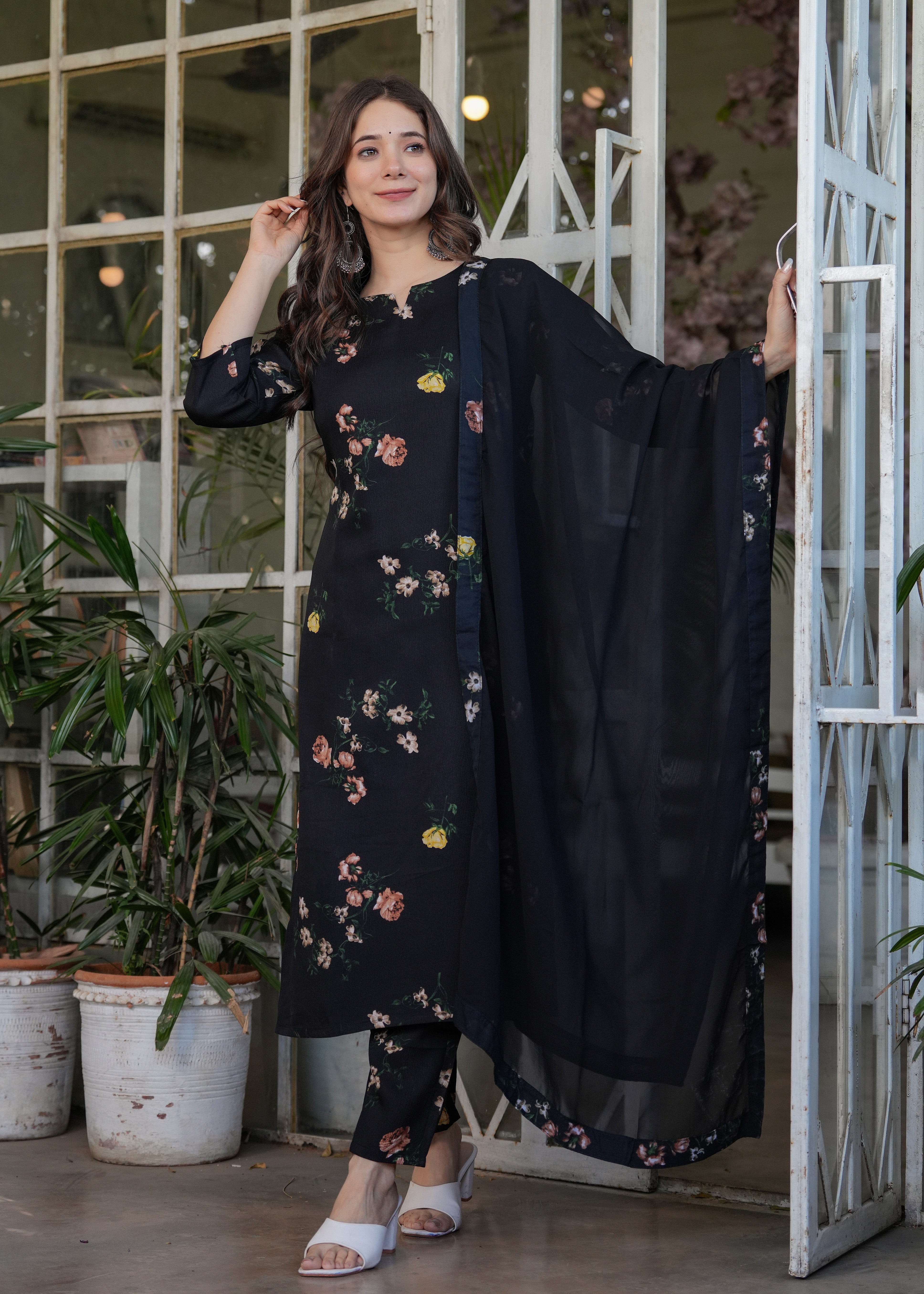 Elegant Black Floral Embroidered Silk Blend Kurti Set with Nazmin Dupatta (3-Piece Set)