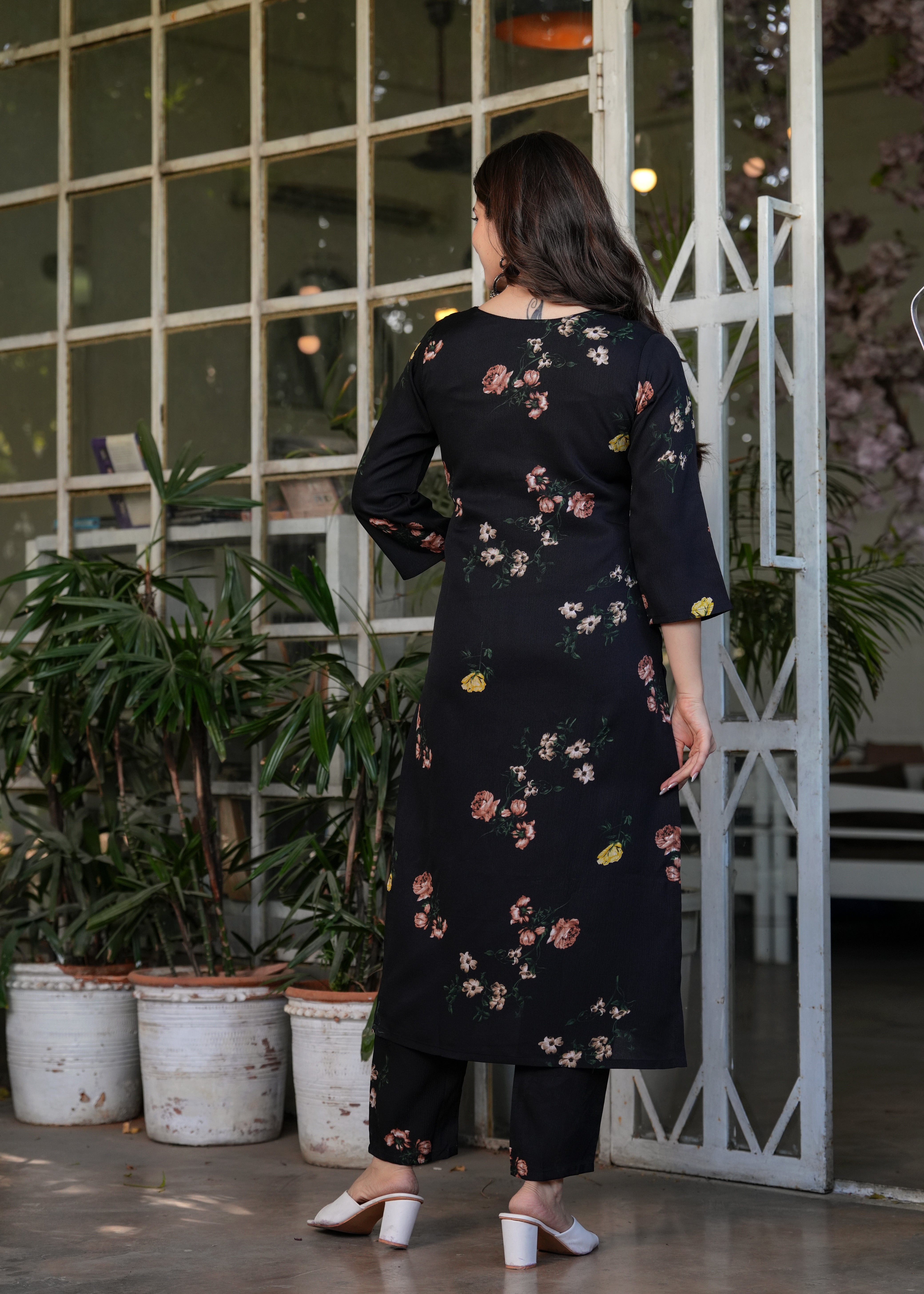 Elegant Black Floral Embroidered Silk Blend Kurti Set with Nazmin Dupatta (3-Piece Set)