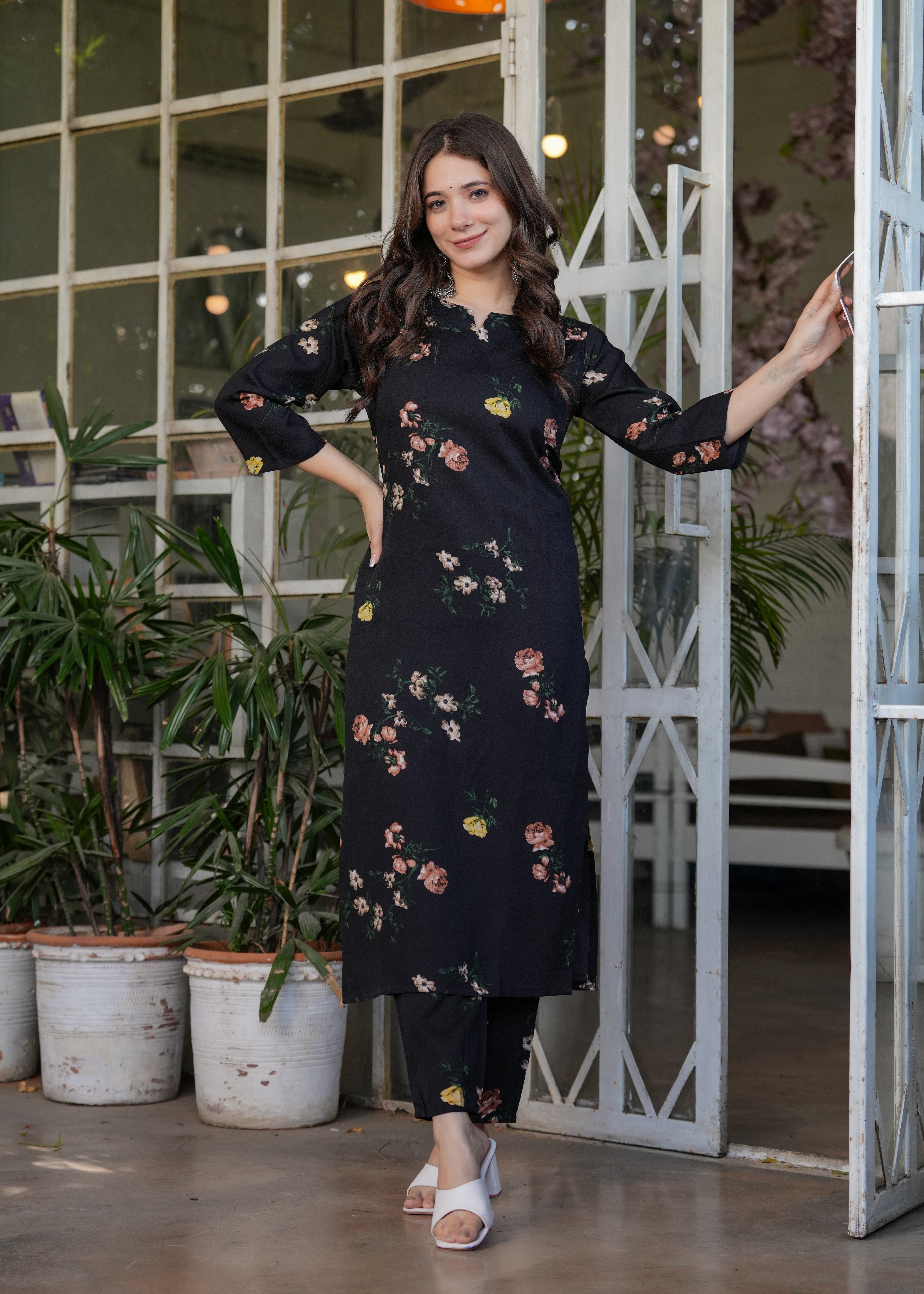 Elegant Black Floral Embroidered Silk Blend Kurti Set with Nazmin Dupatta (3-Piece Set)