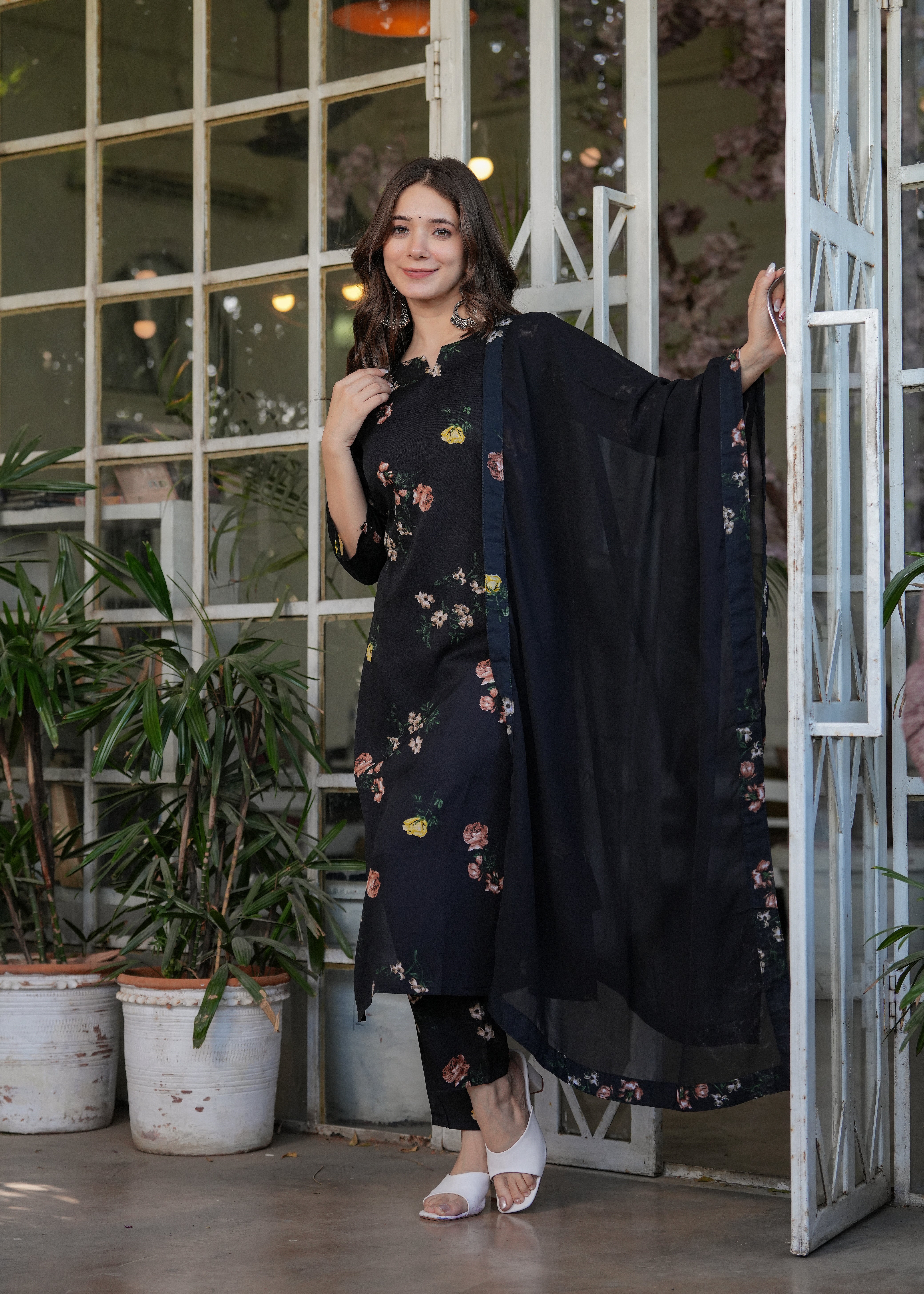 Elegant Black Floral Embroidered Silk Blend Kurti Set with Nazmin Dupatta (3-Piece Set)