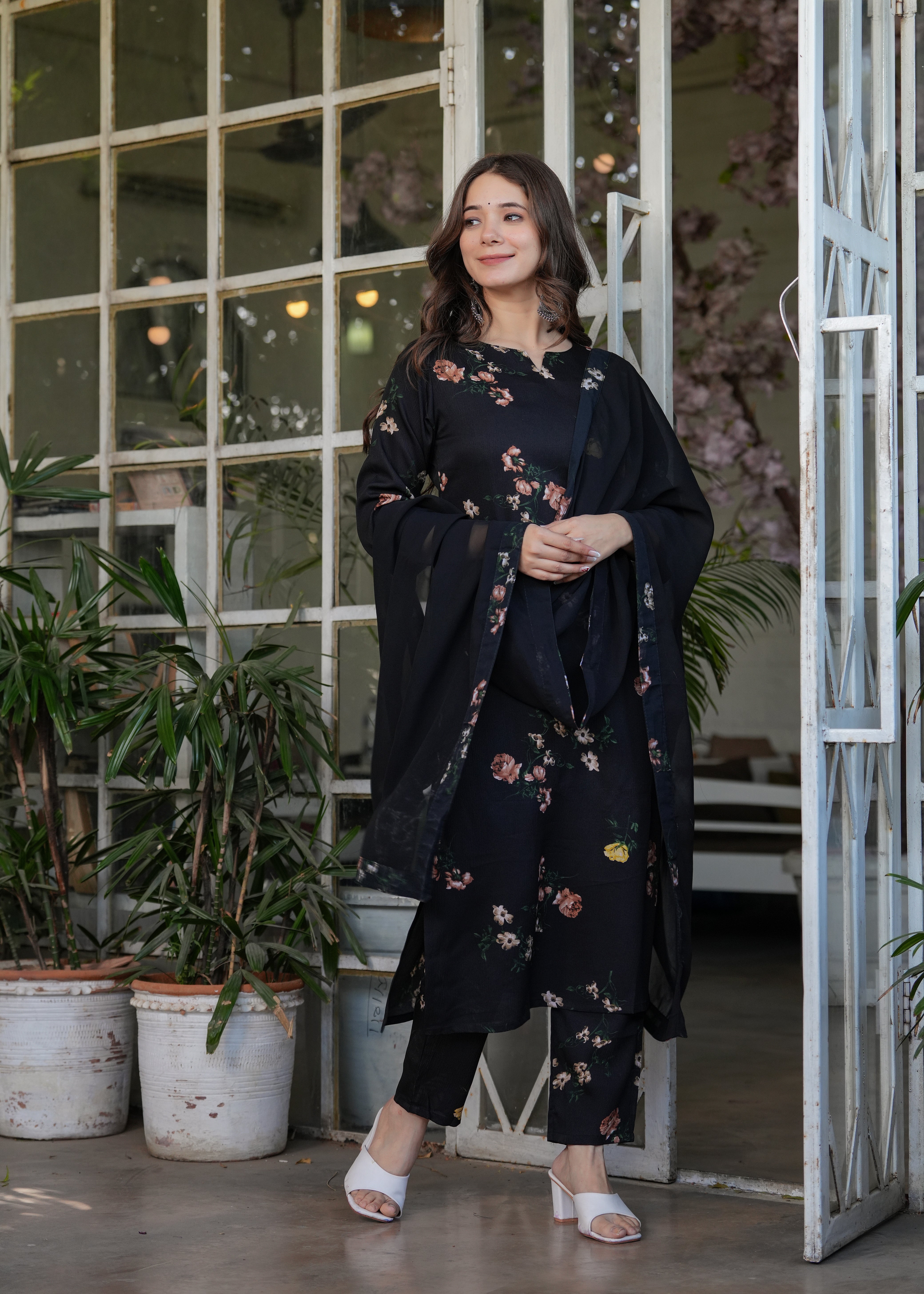 Elegant Black Floral Embroidered Silk Blend Kurti Set with Nazmin Dupatta (3-Piece Set)