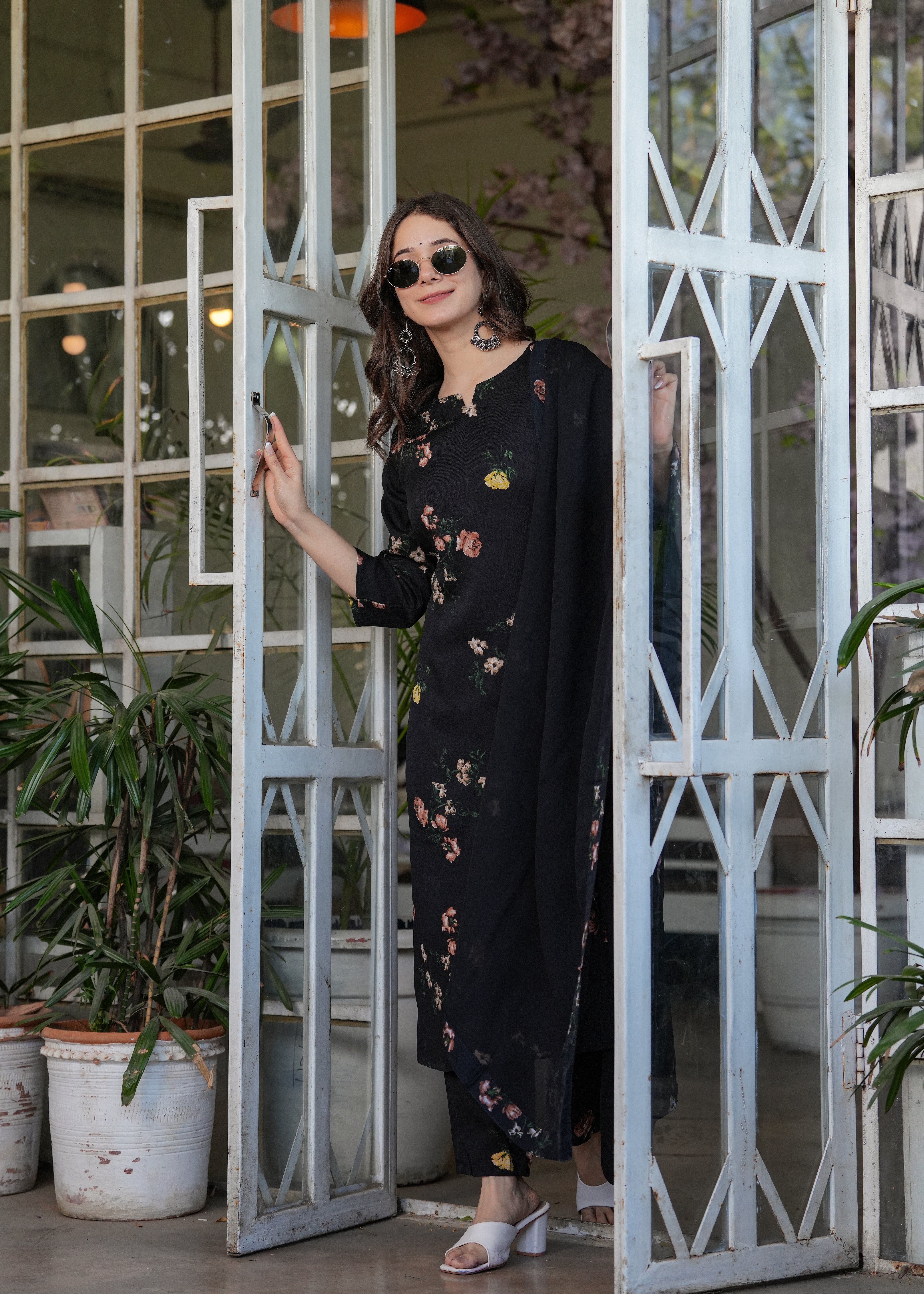 Elegant Black Floral Embroidered Silk Blend Kurti Set with Nazmin Dupatta (3-Piece Set)