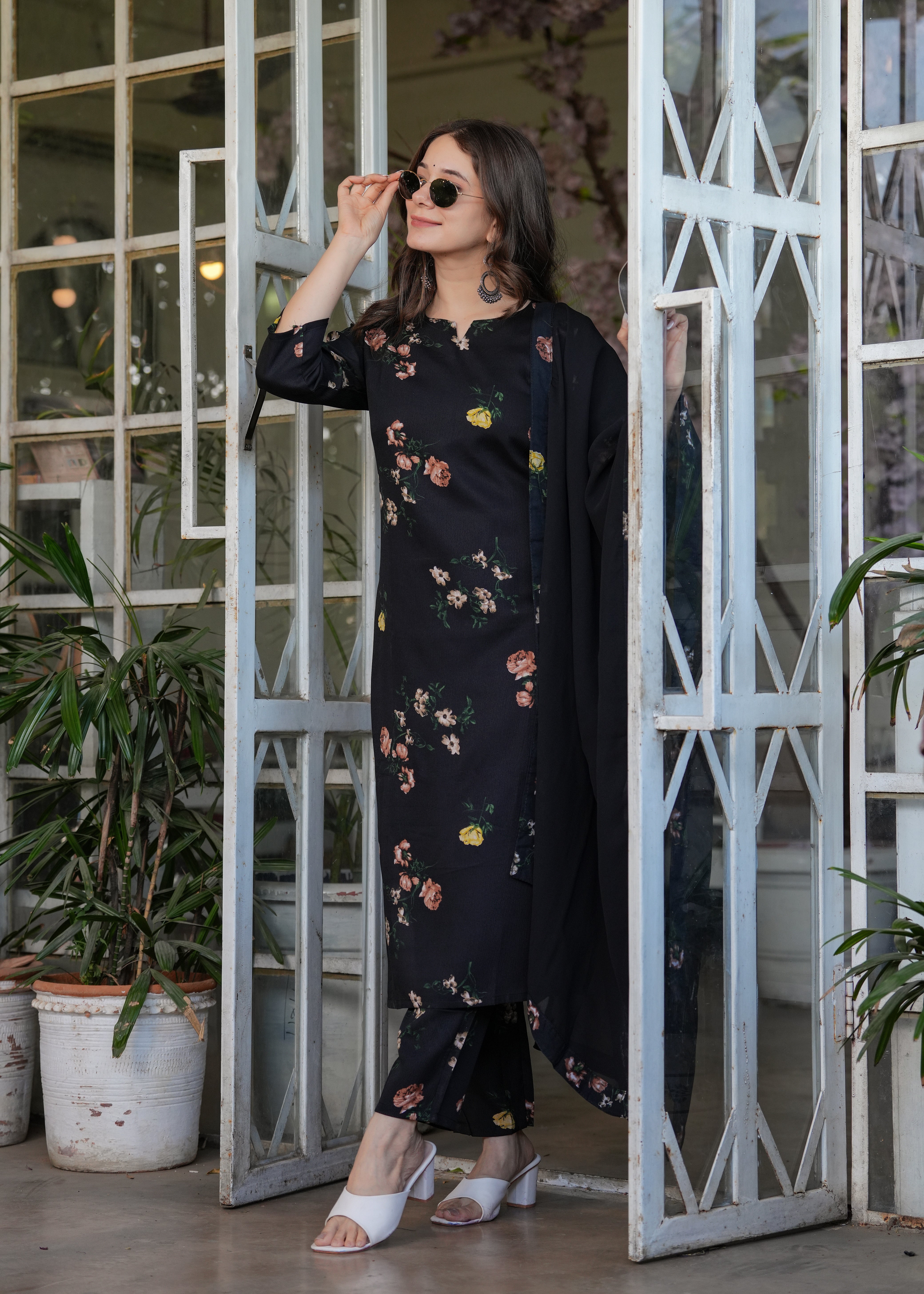 Elegant Black Floral Embroidered Silk Blend Kurti Set with Nazmin Dupatta (3-Piece Set)